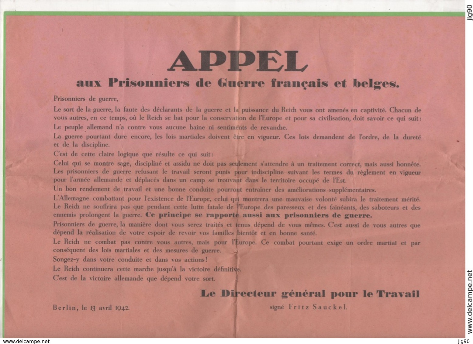 Tract "Appel Aux Prisonniers De Guerre Français Et Belges" Signé Dir. Gén. Pour Le Travail F.SAUCKEL, BERLIN 13/04/42 - 1939-45