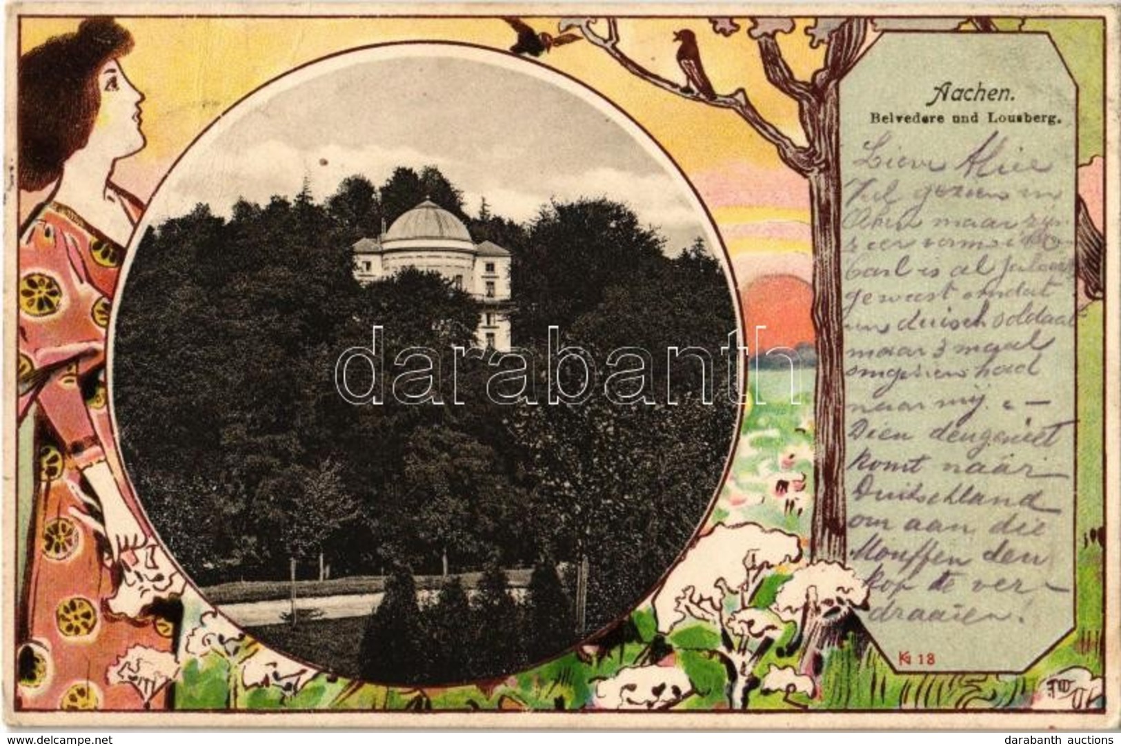 * T3 Aachen, Belvedere Und Louisberg. Art Nouveau, Floral, Lady, Litho  (Rb) - Ohne Zuordnung