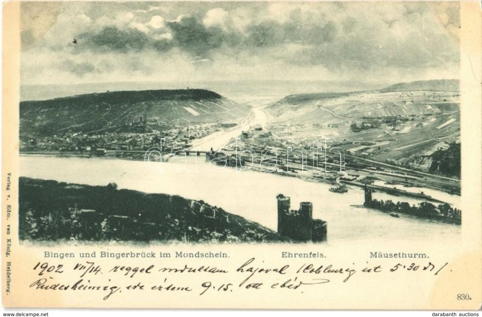 * T1/T2 1902 Bingen Am Rhein, Bingen Und Bingerbrück Im Mondschein, Ehrenfels, Mausethurm / General View, Castle, Tower, - Ohne Zuordnung