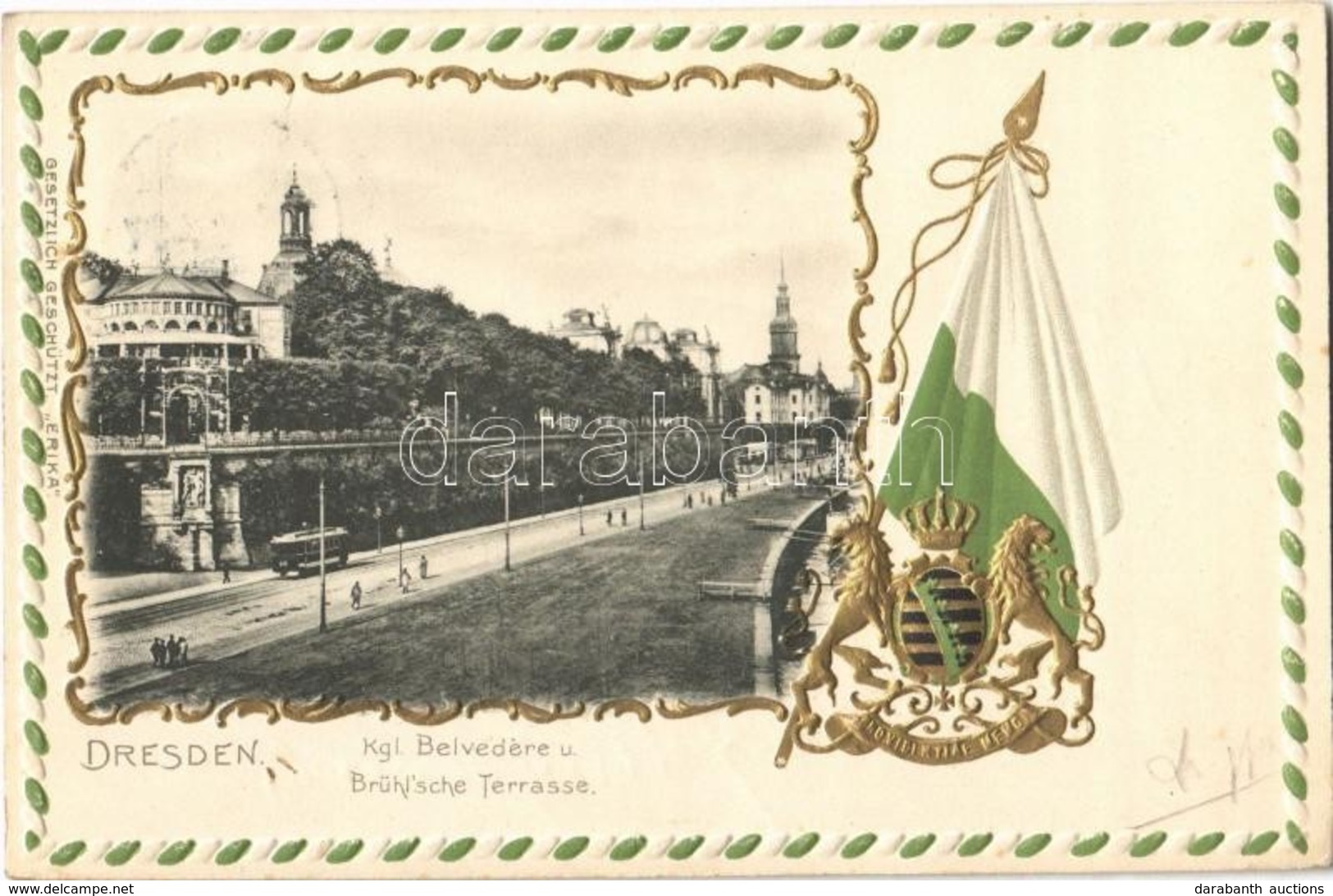 T2 1902 Dresden, Kgl. Belvedere U. Brühlsche Terrasse. 'Erikea' Art Nouveau, Coat Of Arms And Flag, Emb. Litho - Ohne Zuordnung