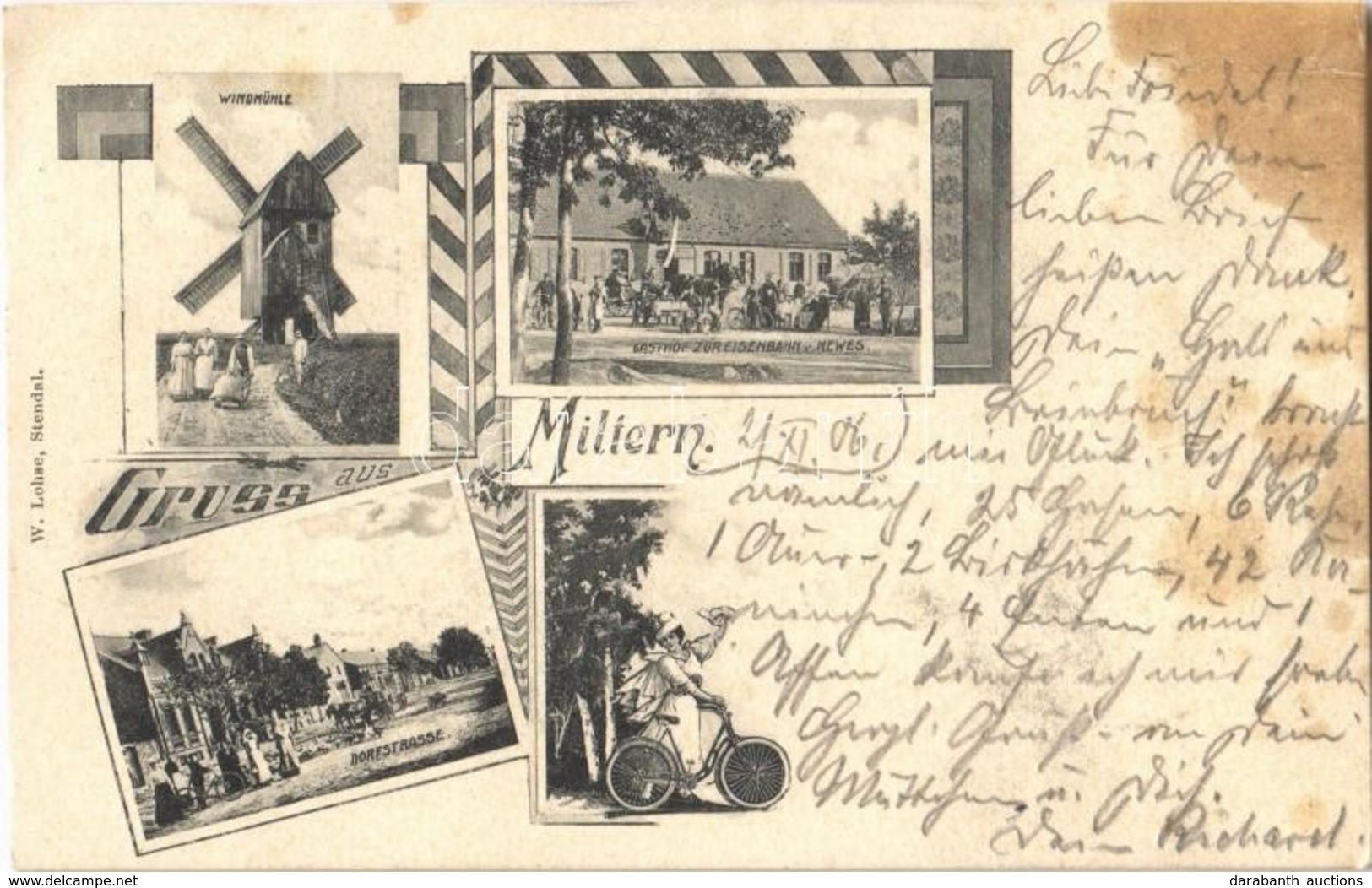 T3 1906 Miltern, Windmühle, Gasthof Zur Eisenbahn V. Mewes, Dorfstrasse. W. Lohse / Windmill, Railway Inn, Street View,  - Ohne Zuordnung