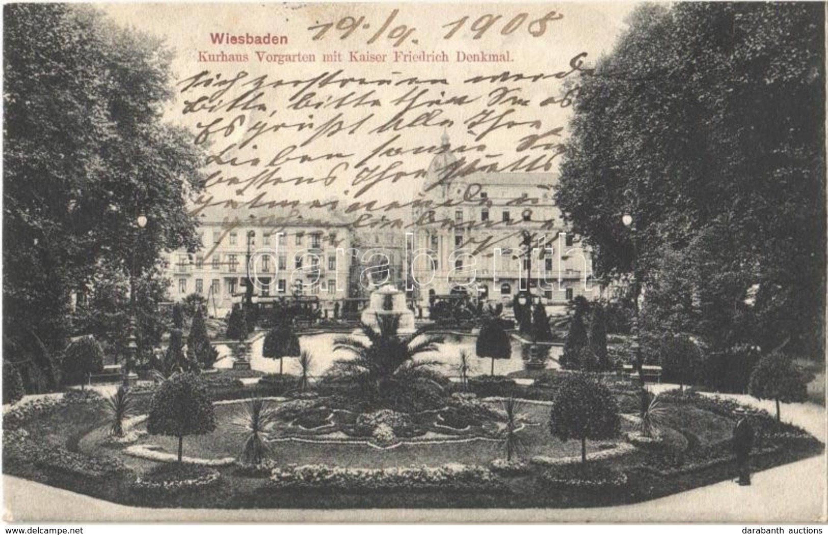 T1 1908 Wiesbaden, Kurhaus Vorgarten Mit Kaiser Friedrich Denkmal / Spa House, Garden, Kaiser Friedrich Monument - Ohne Zuordnung