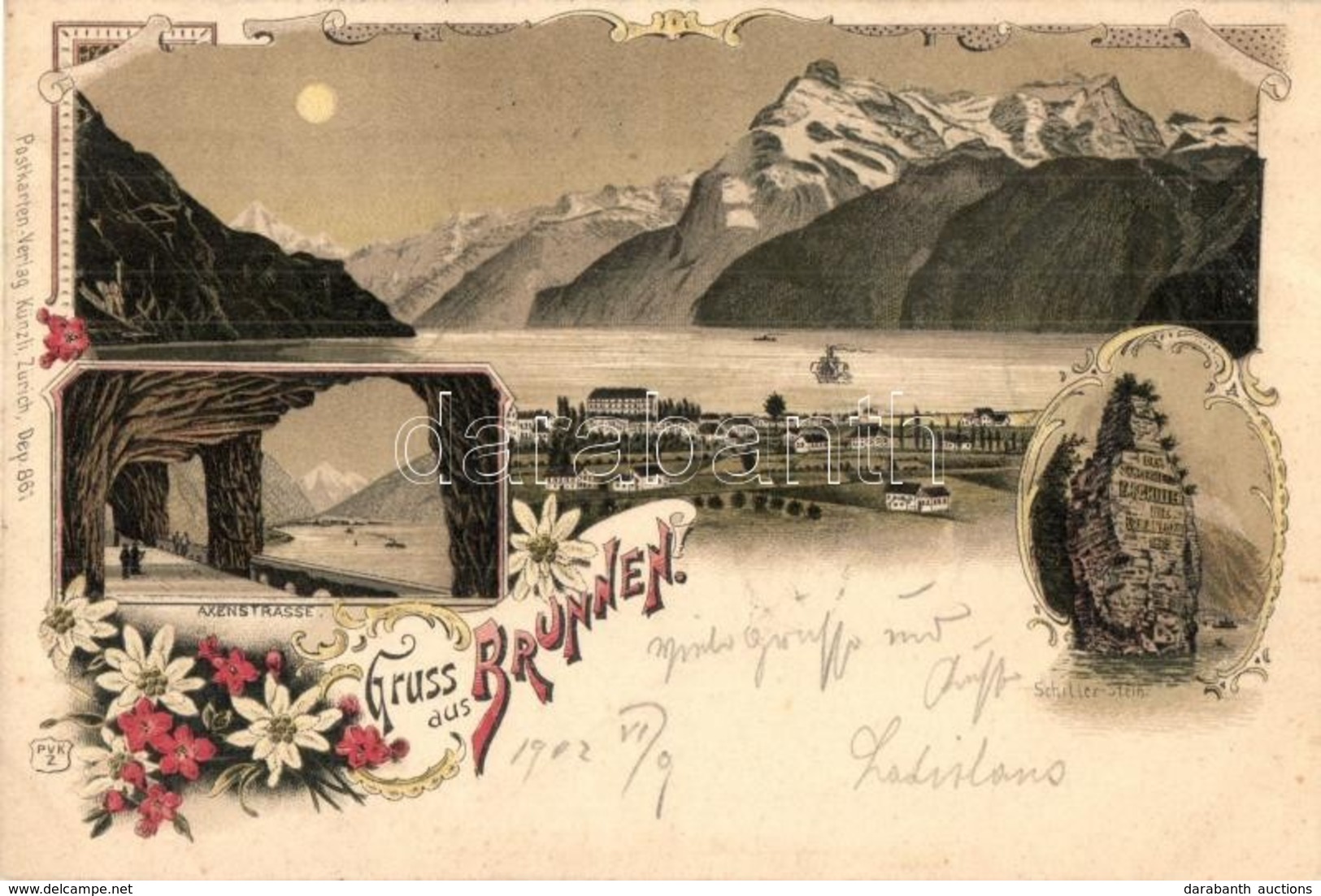 * T2/T3 Brunnen,  Schiller Stein, Axenstrasse / Mountains, Road. Postkarten Verlag Künzli Art Nouveau, Floral, Litho  (R - Sonstige & Ohne Zuordnung