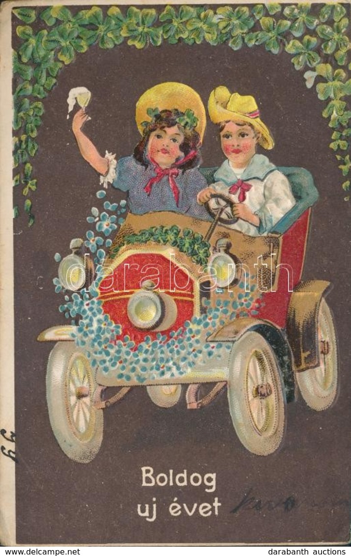 T3/T4 New Year, Children Couple, Automobile, Clovers, Emb. Litho (EB) - Sin Clasificación