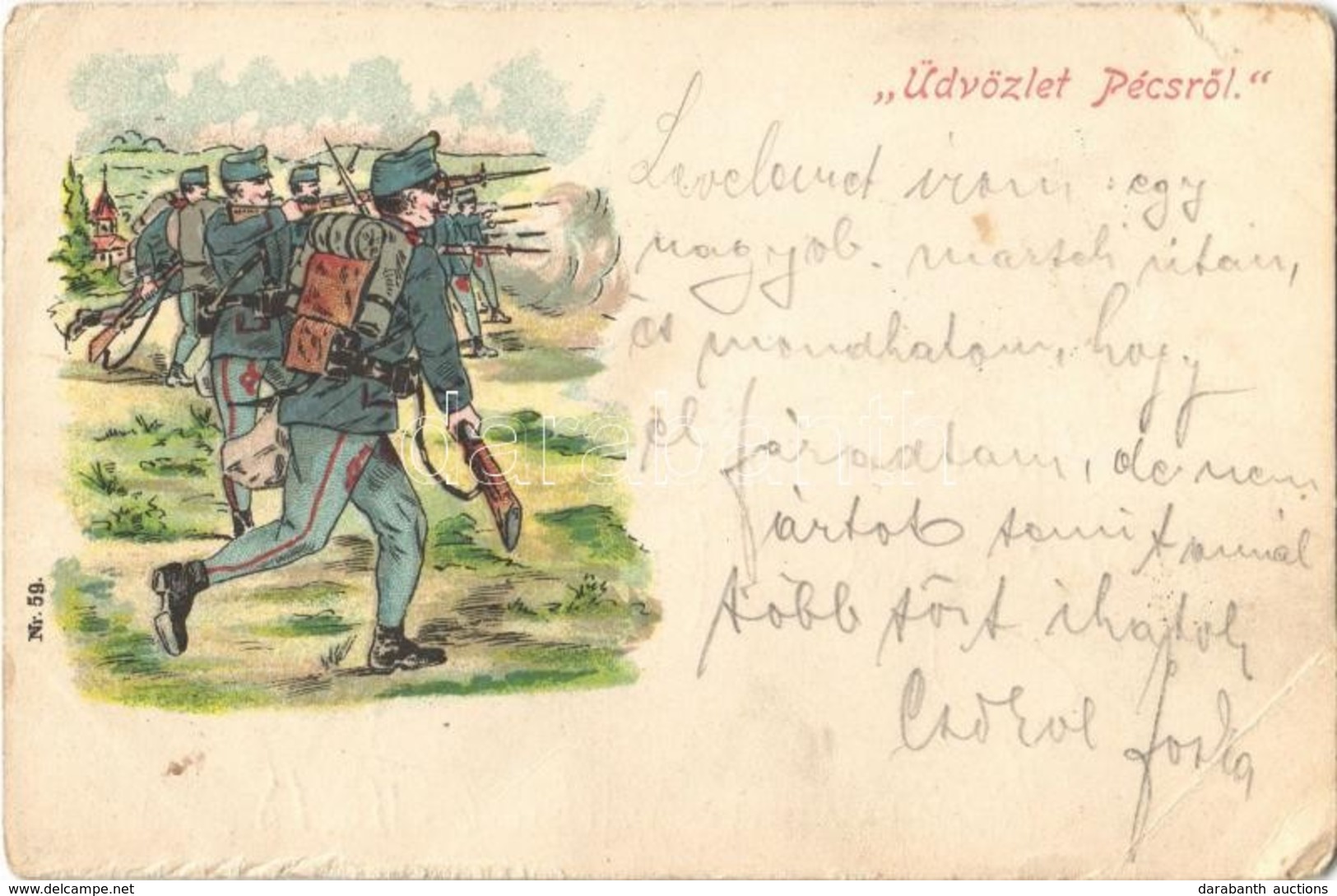 T3 1900 Üdvözlet Pécsről / Hungarian Military Art Postcard, Soldiers  (EB) - Ohne Zuordnung