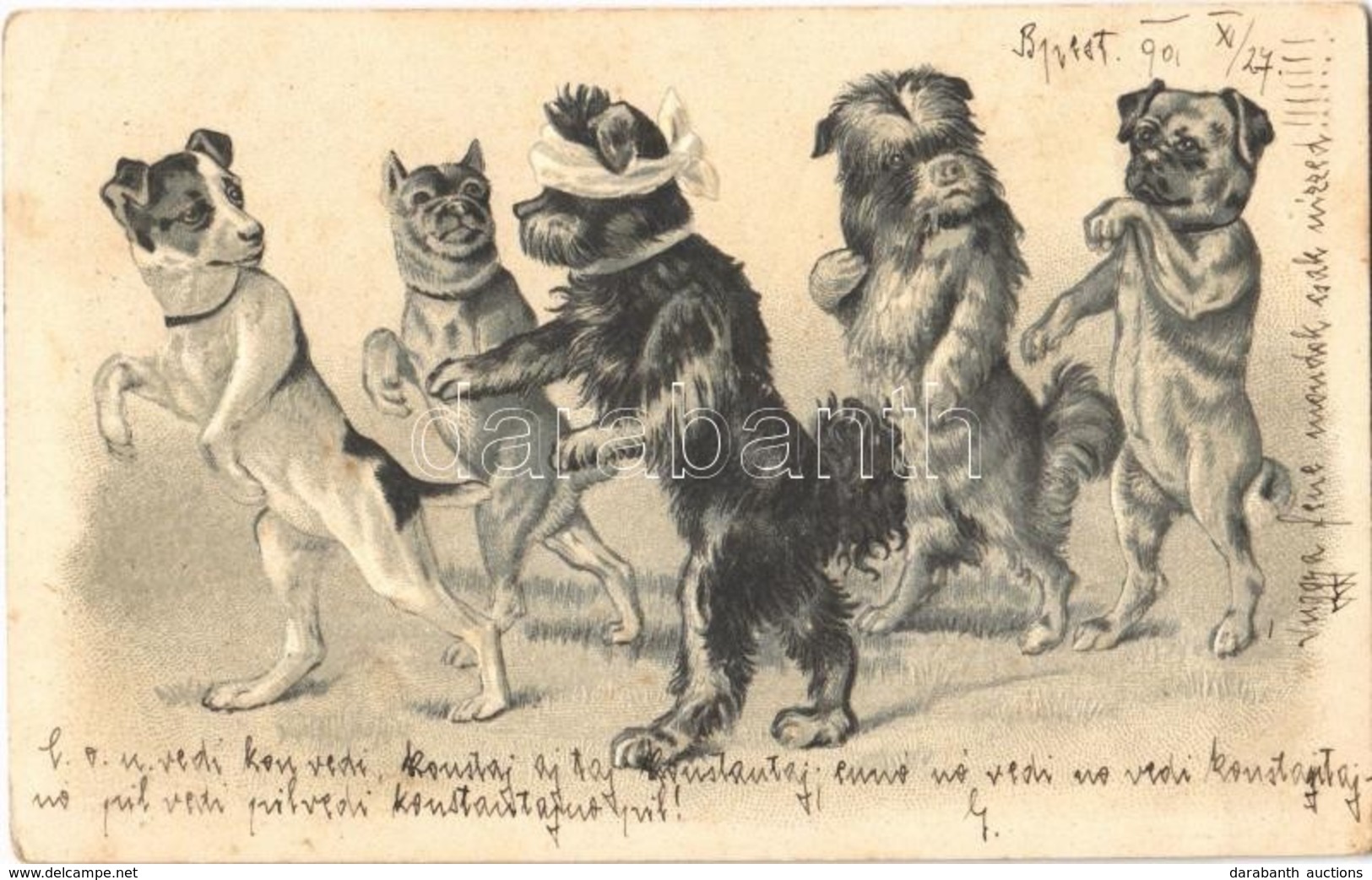 T2 1901 Dogs Playing. Emb. Litho - Ohne Zuordnung