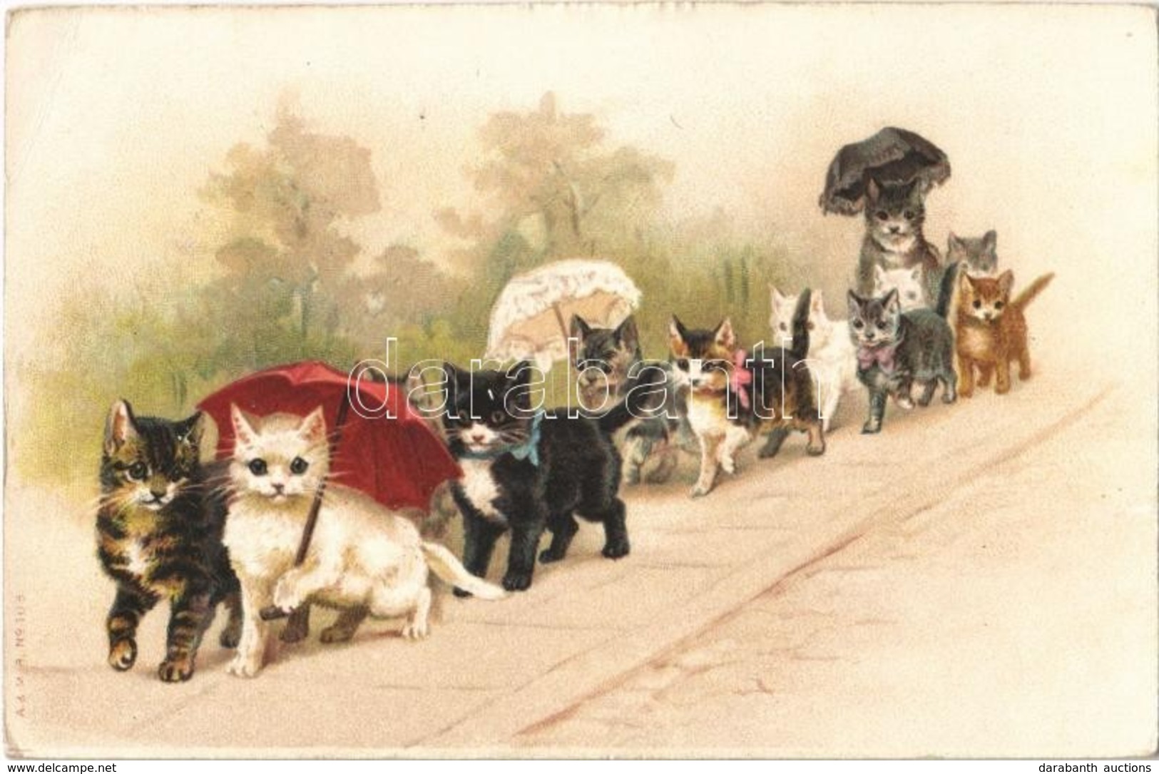 * T2/T3 Cats With Umbrellas. A. & M. B. No. 108. Litho (EK) - Ohne Zuordnung