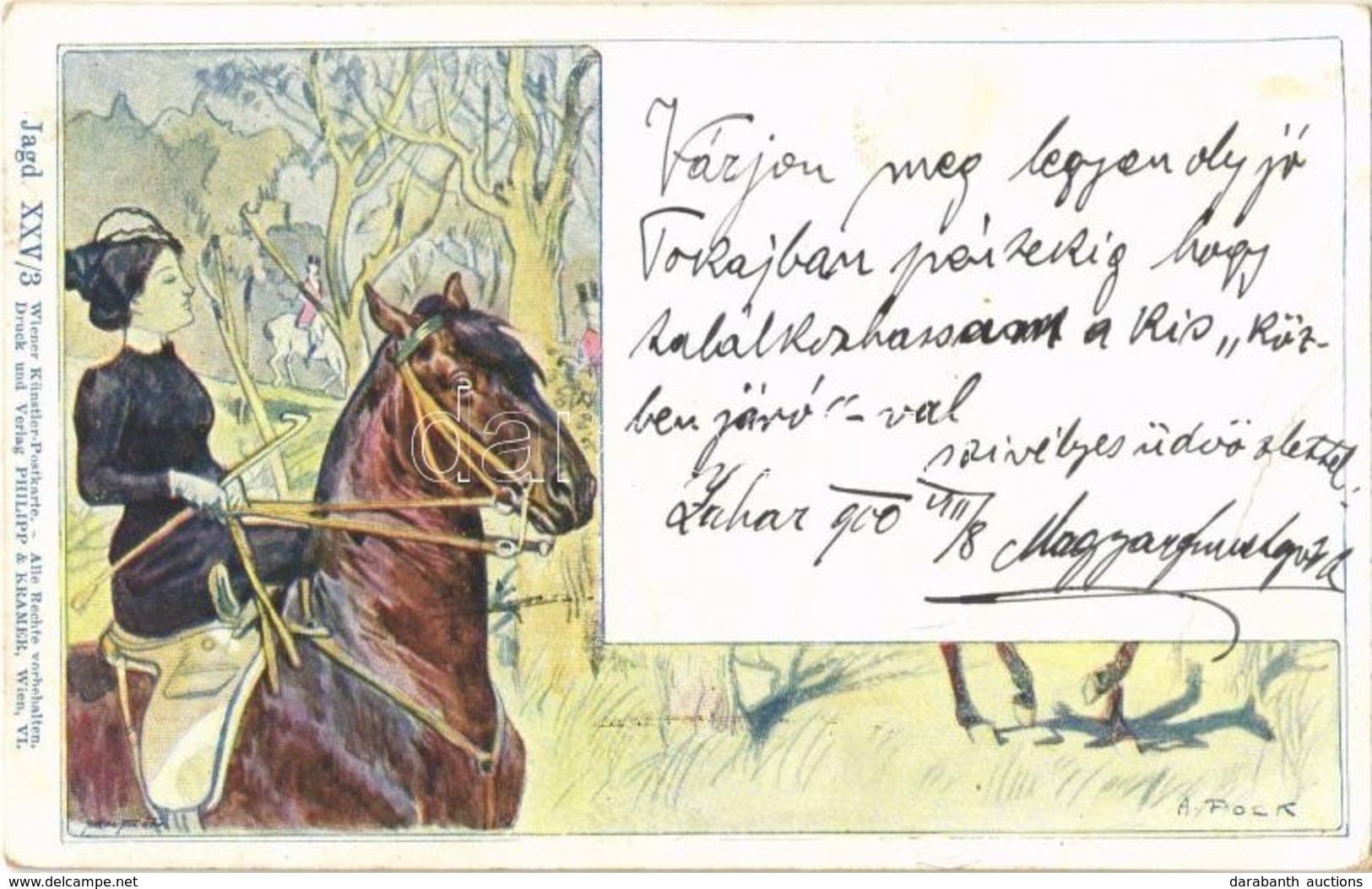T3 1900 Lady On Horse During Hunting / Jagd. XXV/3. Wiener Künstler-Postkarte Philipp & Kramer Wien VI. S: A. Pock  (EB) - Sin Clasificación