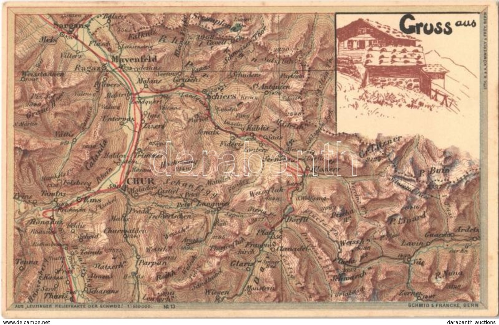 ** T1/T2 Gruss Aus. Aus 'Leuzinger Reliefkarte Der Schweiz' No. 13. / Map Of Switzerland. Litho - Sin Clasificación