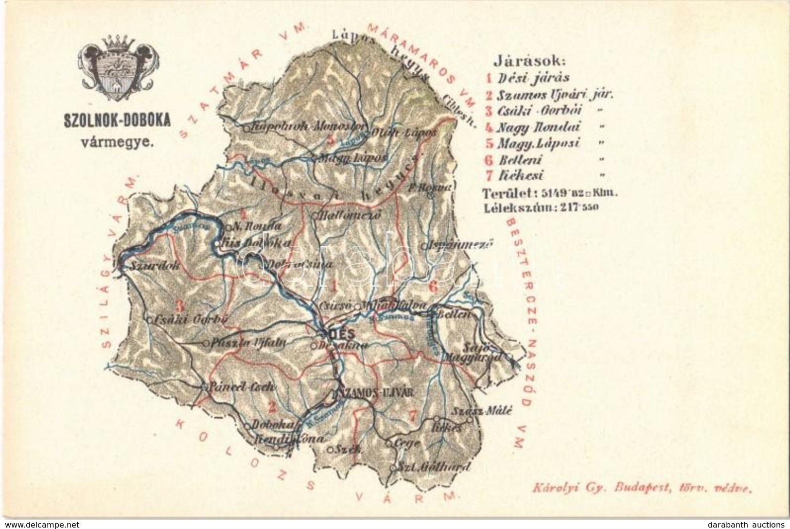 ** T2/T3 Szolnok-Doboka Vármegye Térképe. Kiadja Károlyi Gy. /  Comitatul Solnoc-Dabaca / Szolnok-Doboka County Map - Ohne Zuordnung