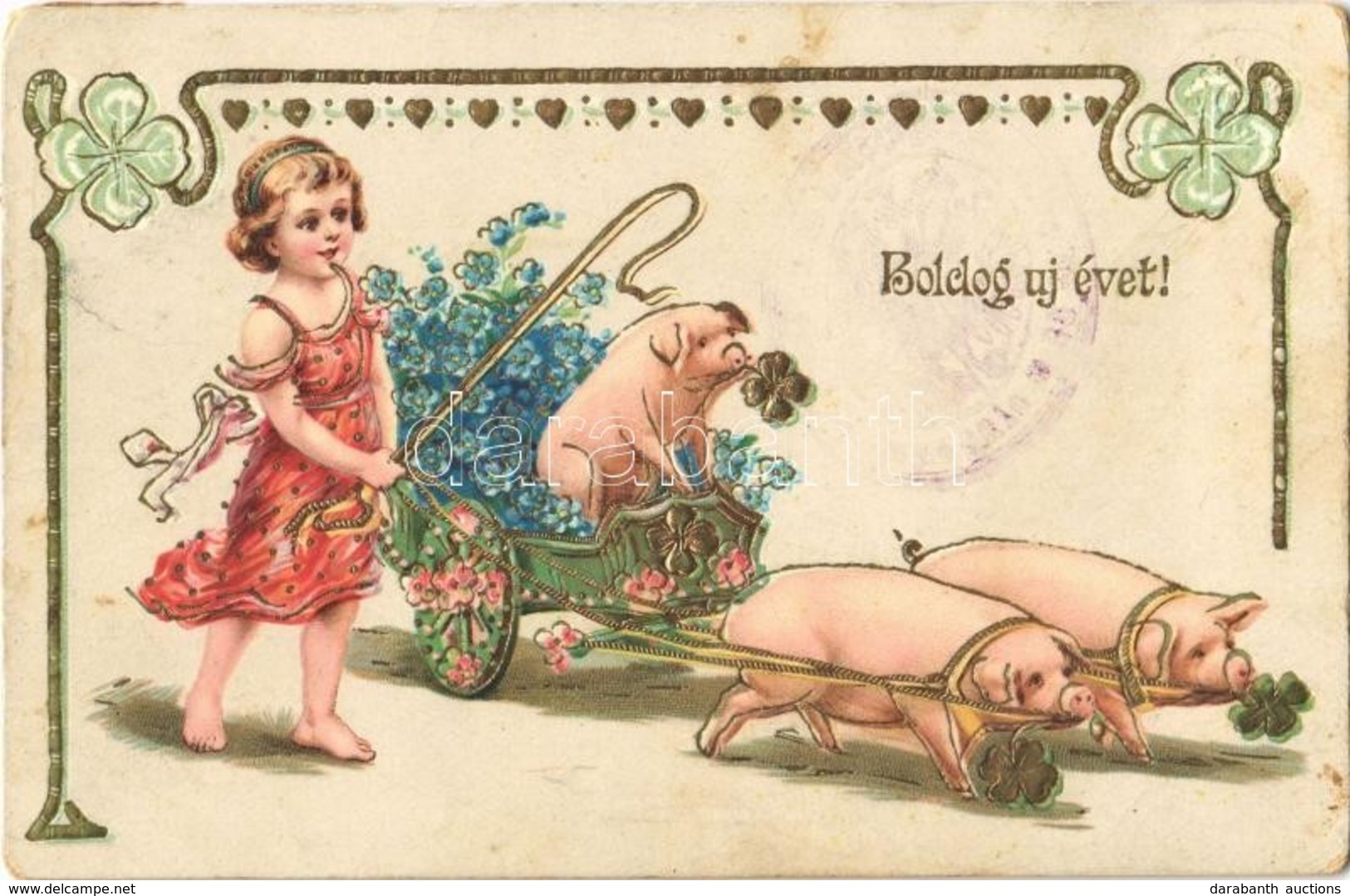 T2/T3 1915 Boldog Újévet! / New Year Greeting With Pigs And Girl. Emb. Golden Litho (EK) - Sin Clasificación