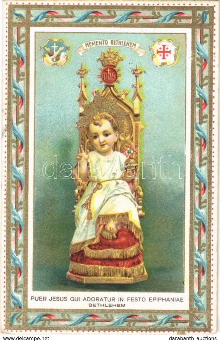 T2 1934 Puer Jesus Qui Adoratur In Festo Epiphaniae, Betlehem / Baby Jesus On A Golden Throne, Religious Greeting Art Po - Sin Clasificación