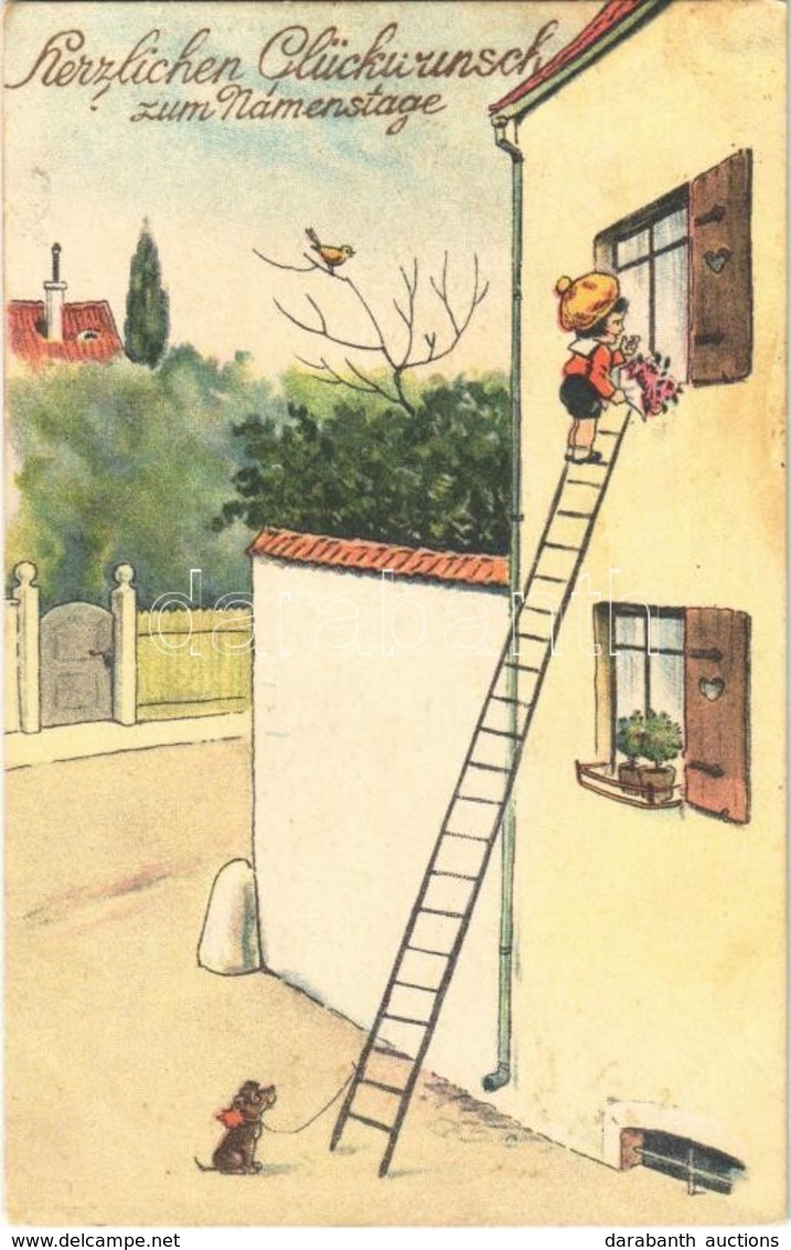 T2 1932 Herzlichen Glückwunsch Zum Namenstage / Name Day Greeting Card, Child, Ladder, Dog, L&P 2462/IV. Litho - Sin Clasificación