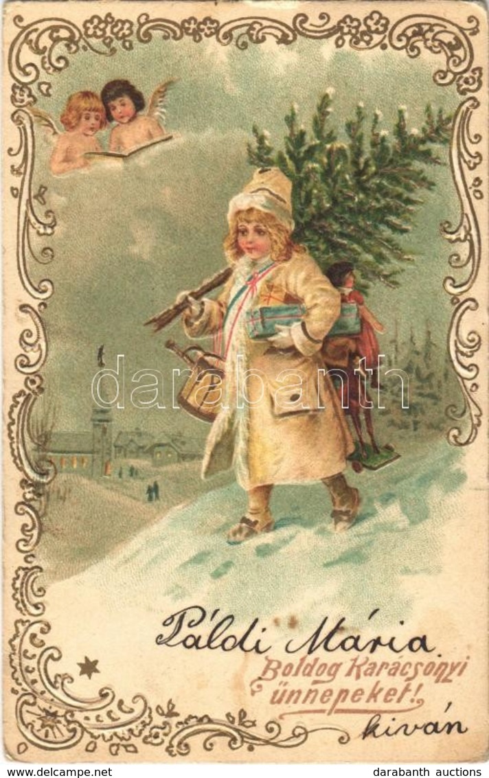 T2 1906 Boldog Karácsonyi ünnepeket! / Christmas Greeting Card, Angels, Golden Decoration, Emb. Art Nouveau Litho - Sin Clasificación