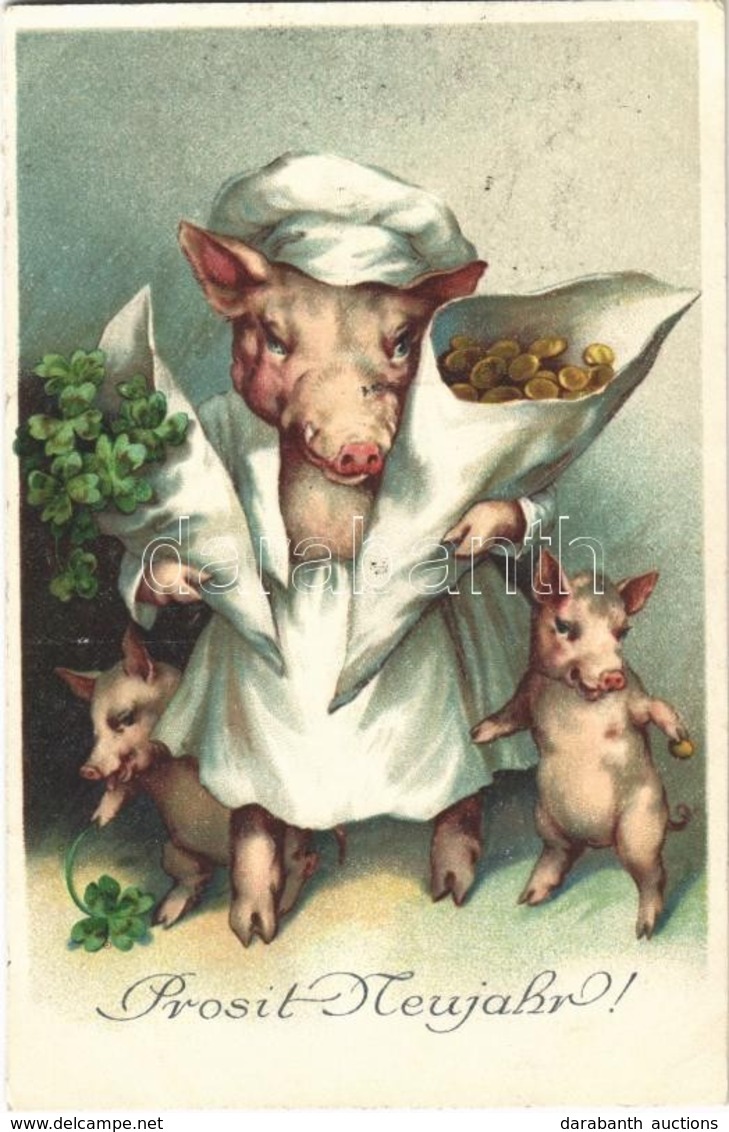 T3 Prosit Neujahr! / New Year Greeting Card, Pigs, Clovers, Coins, M.B.N. Litho (wet Corners) - Sin Clasificación