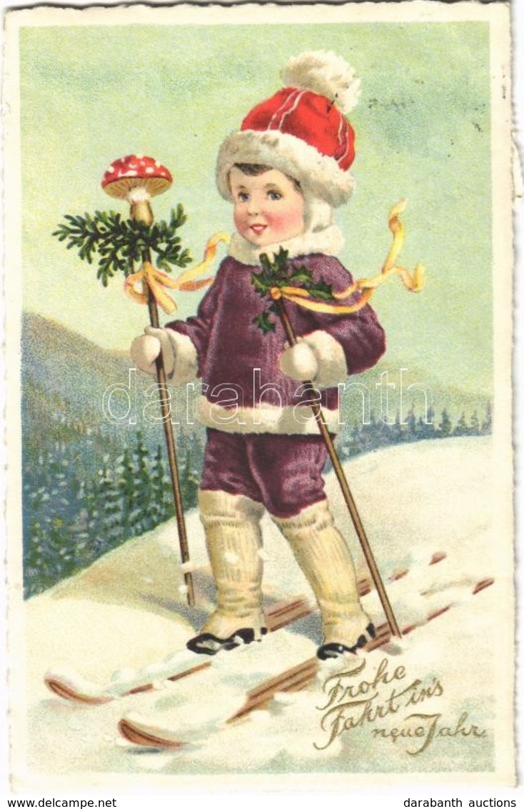 T2 Frohe Fahrt Ins Neue Jahr / New Year Greeting Card, Skiing Child, Mushroom, Golden Decoration, Erika Nr. 5017. Litho - Sin Clasificación