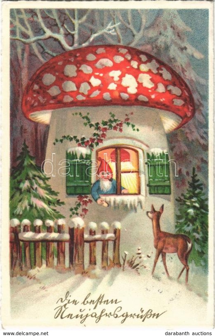 T2 1930 Die Besten Neujahrsgrüsse / New Year Greeting Card, Dwarf In A Mushroom House, Deer, Golden Decoration, Litho - Sin Clasificación