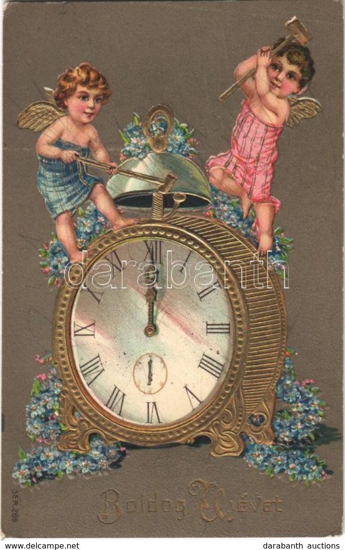 T2/T3 1908 Boldog Újévet! / New Year Greeting Art Postcard, Angels With Clock. Emb. Floral, Litho - Sin Clasificación