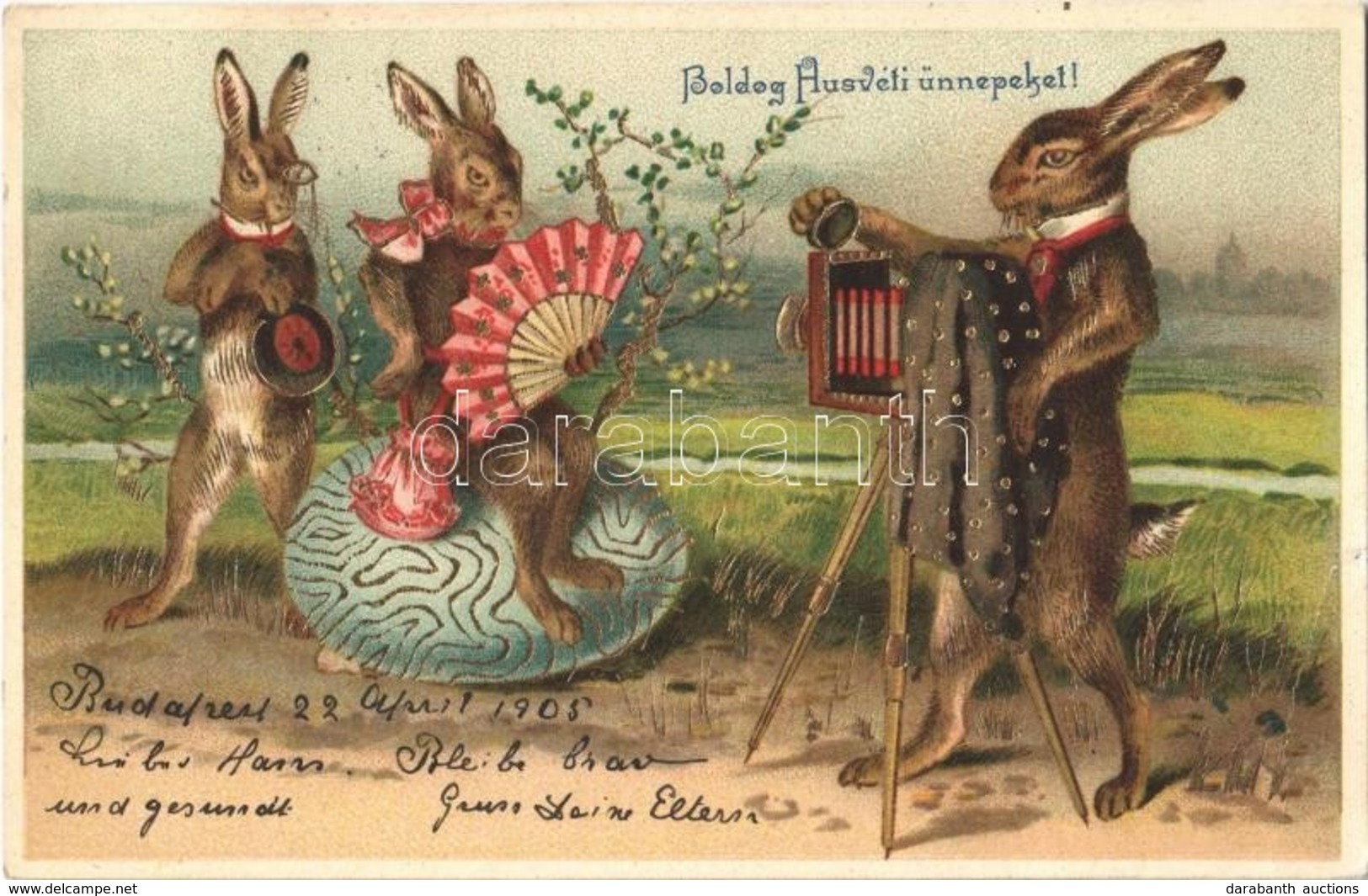 T2 1905 Boldog Húsvéti Ünnepeket! / Easter Greeting Art Postcard, Rabbit Photographer. Emb. Golden Decoration Litho - Sin Clasificación