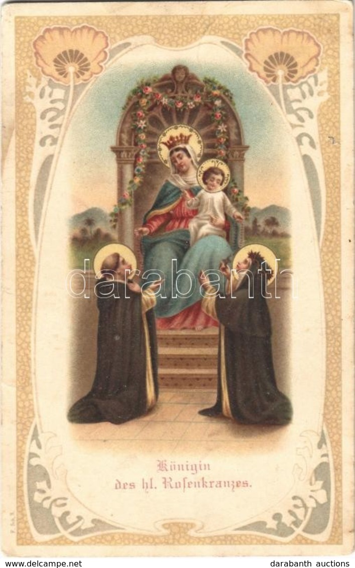 T2 1916 Königin Des Hl. Rotenkranzes / Virgin Mary And Baby Jesus On A Throne, Art Nouveau Floral Litho - Sin Clasificación