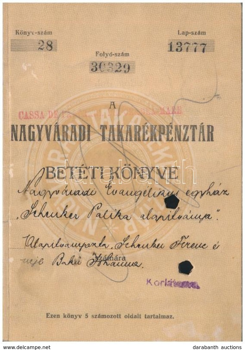 Románia / Oradea (Nagyvárad) 1923. 'Nagyváradi Takarékpénztár' Betéti Könyve, Bejegyzésekkel, Bélyegzéssel, Lyukasztássa - Sin Clasificación