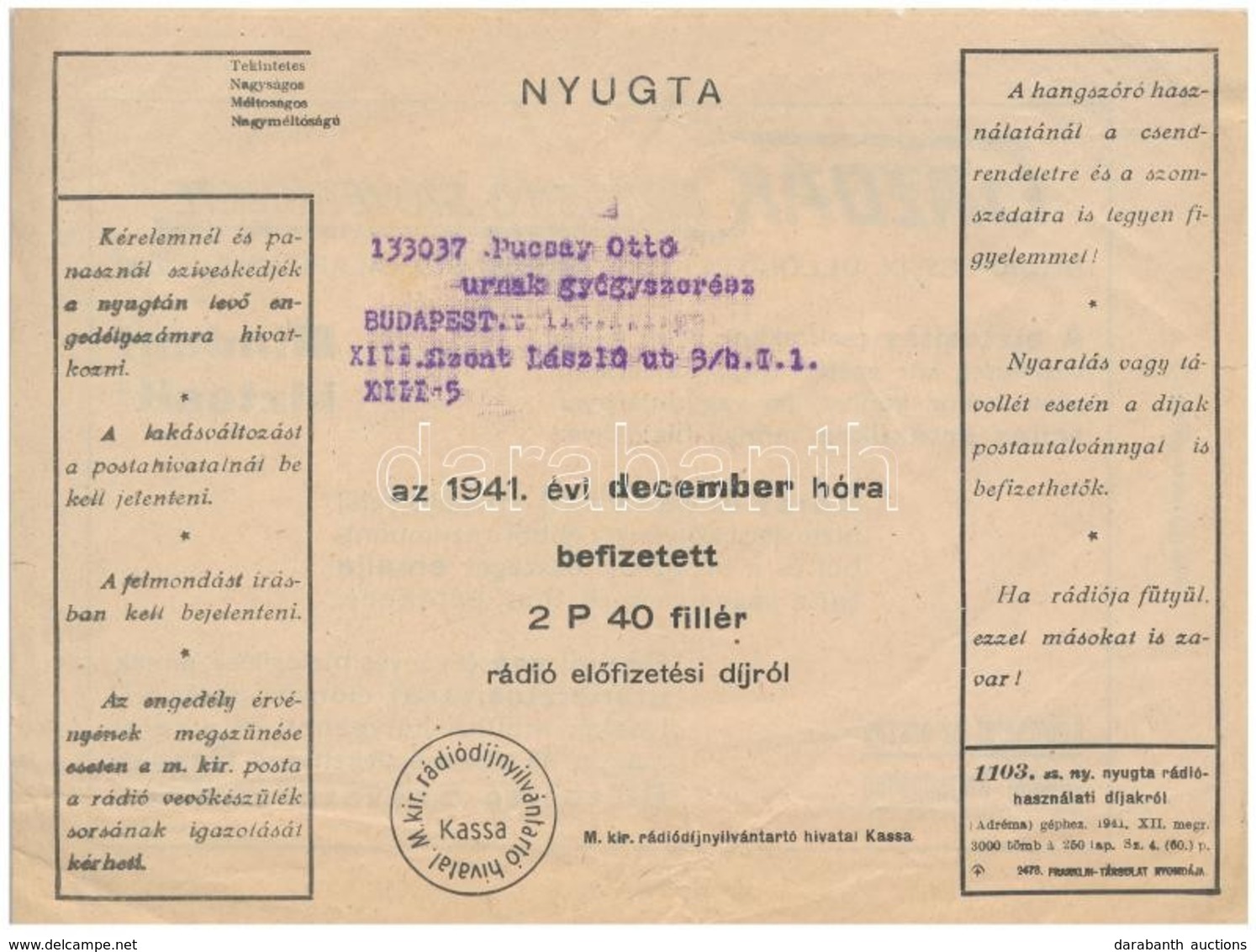 Budapest 1941. 'M. Kir. Rádiódíjnyilvántartó Hivatal' Nyugta Befizetett Díjról, Hátoldalán 'Gazdák Biztosító Szövetkezet - Sin Clasificación