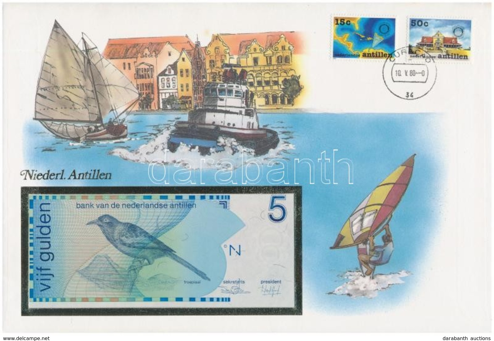 Holland-Antillák 1986. 5G Borítékban, Alkalmi Bélyeggel és Bélyegzéssel T:I Netherlands Antilles 1986. 5 Gulden In Envel - Sin Clasificación