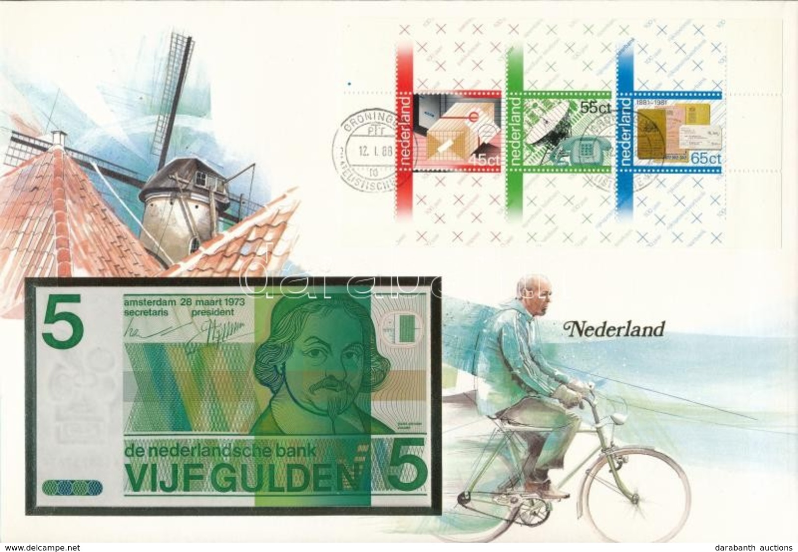 Hollandia 1973. 5G Felbélyegzett Borítékban, Bélyegzéssel T:I 
Netherlands 1973. 5 Gulden In Envelope With Stamp And Can - Sin Clasificación