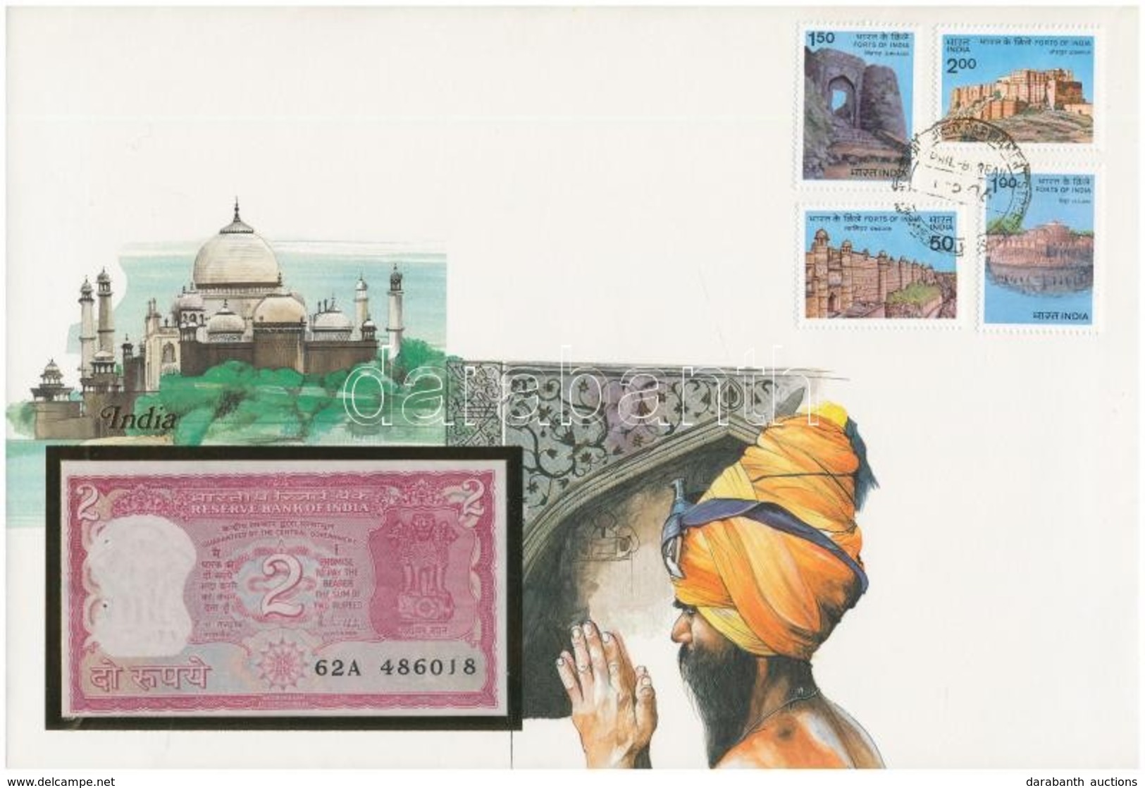 India DN 2R Felbélyegzett Borítékban, Bélyegzéssel T:I 
India ND 2 Rupees In Envelope With Stamp And Cancellation C:UNC - Sin Clasificación
