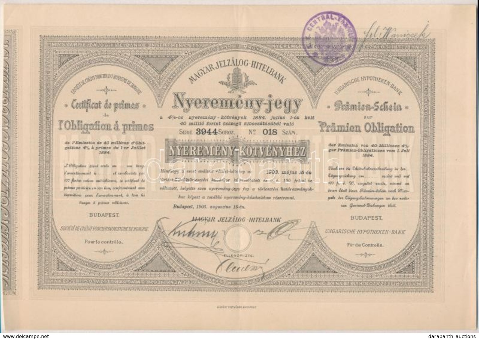Budapest 1903. 'Magyar Jelzálog-Hitelbank' Nyeremény Kötvénye, Bélyegzéssel T:II - Sin Clasificación
