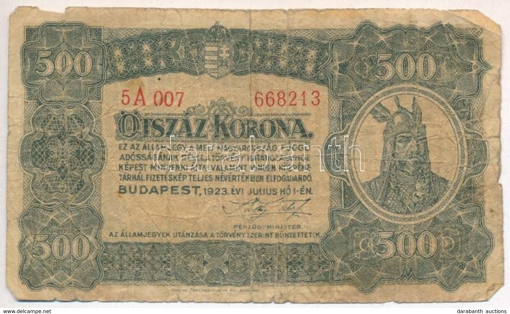 1923. 500K 'Magyar Pénzjegynyomda Rt. Budapest' Nyomdahely Jelöléssel T:III- - Sin Clasificación