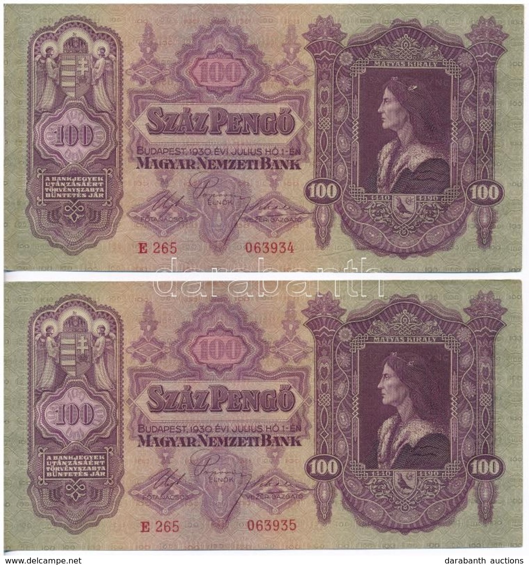 1930. 100P (2x) Sorszámkövetők, Egyik Nyomdai Papírránccal T:I- - Sin Clasificación