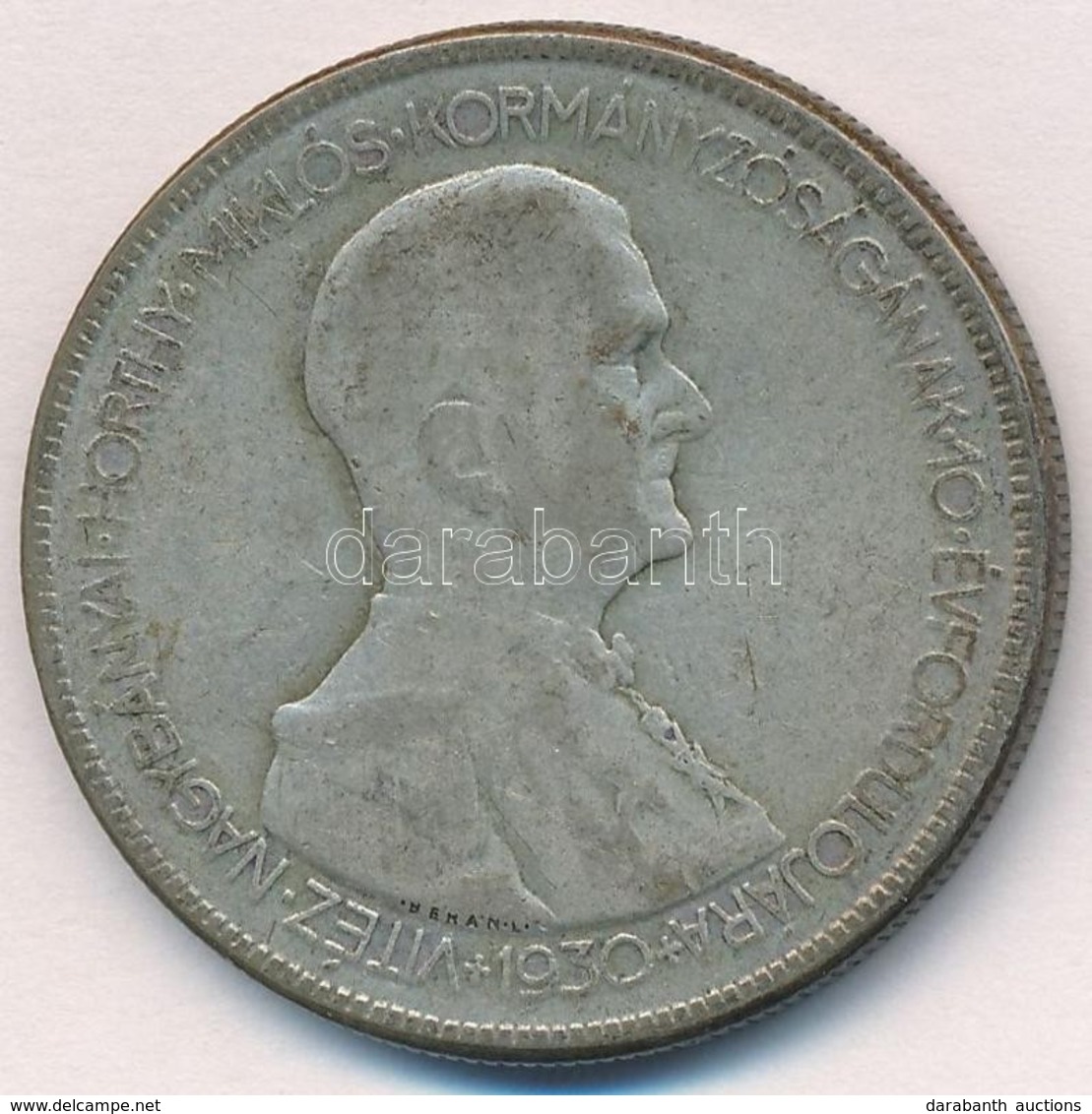 1930. 5P Ag 'Horthy Jobbra' T:3- Patina Adamo P8 - Sin Clasificación