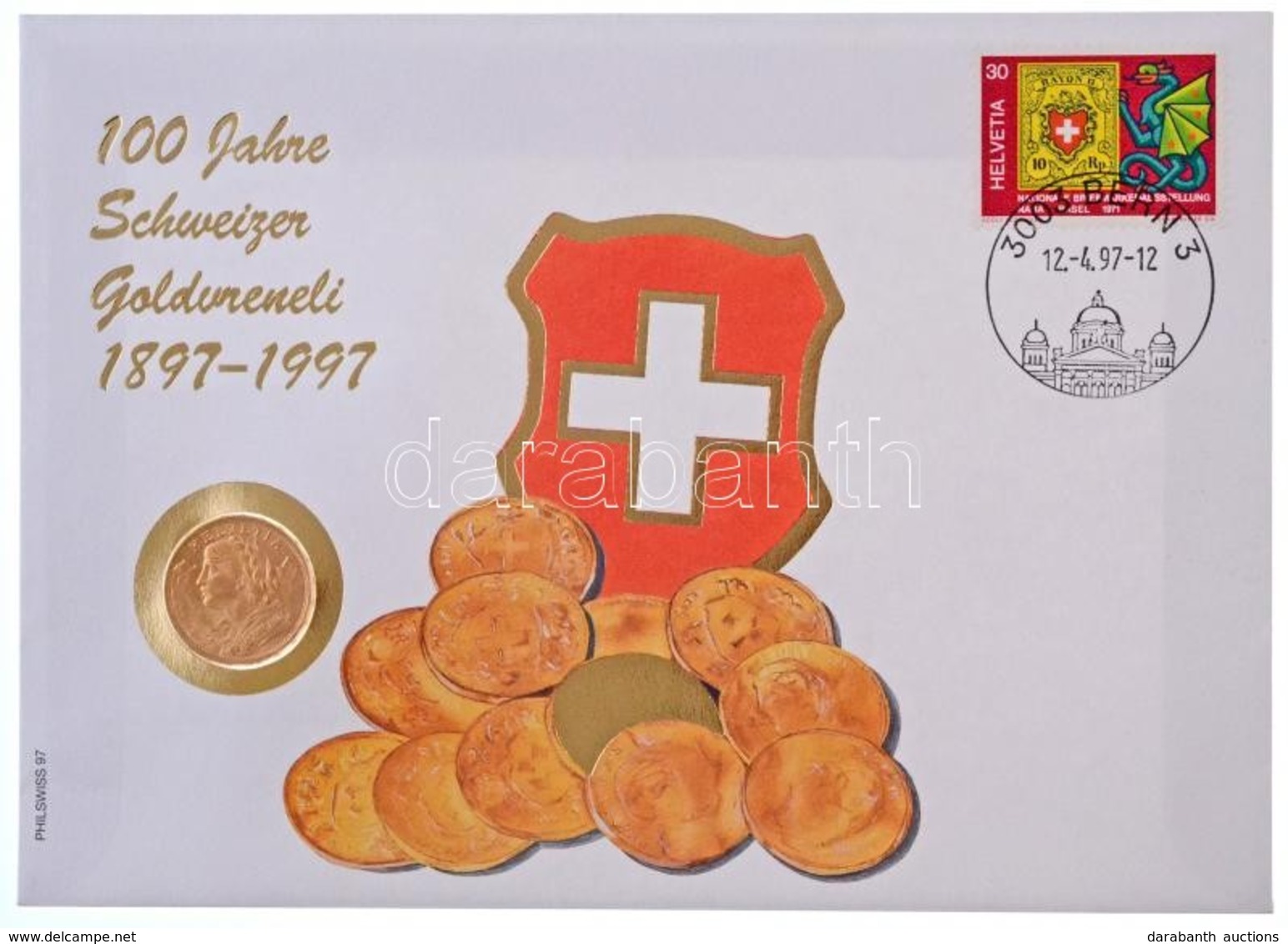 Svájc 1897B 20Fr Au 'Helvetia' Aranyérme Felbélyegzett Borítékban, Bélyegzéssel (~6,45g/0.900) T:1,1-
Switzerland 1897B  - Sin Clasificación