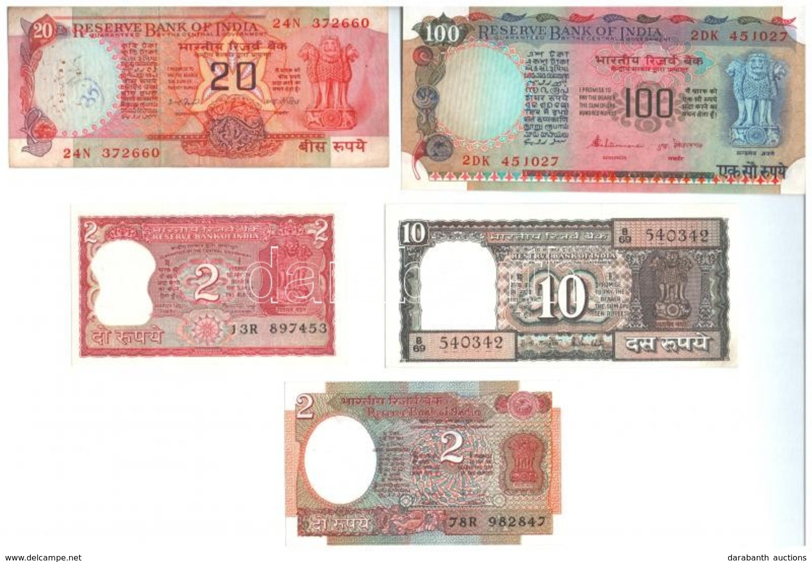 India ~1970-1980. 2R-100R (5xklf) T:I-,III Tűlyukak
India ~1970-1980. 2 Rupees - 100 Rupees (5xdiff) C:AU,F Needle Holes - Ohne Zuordnung