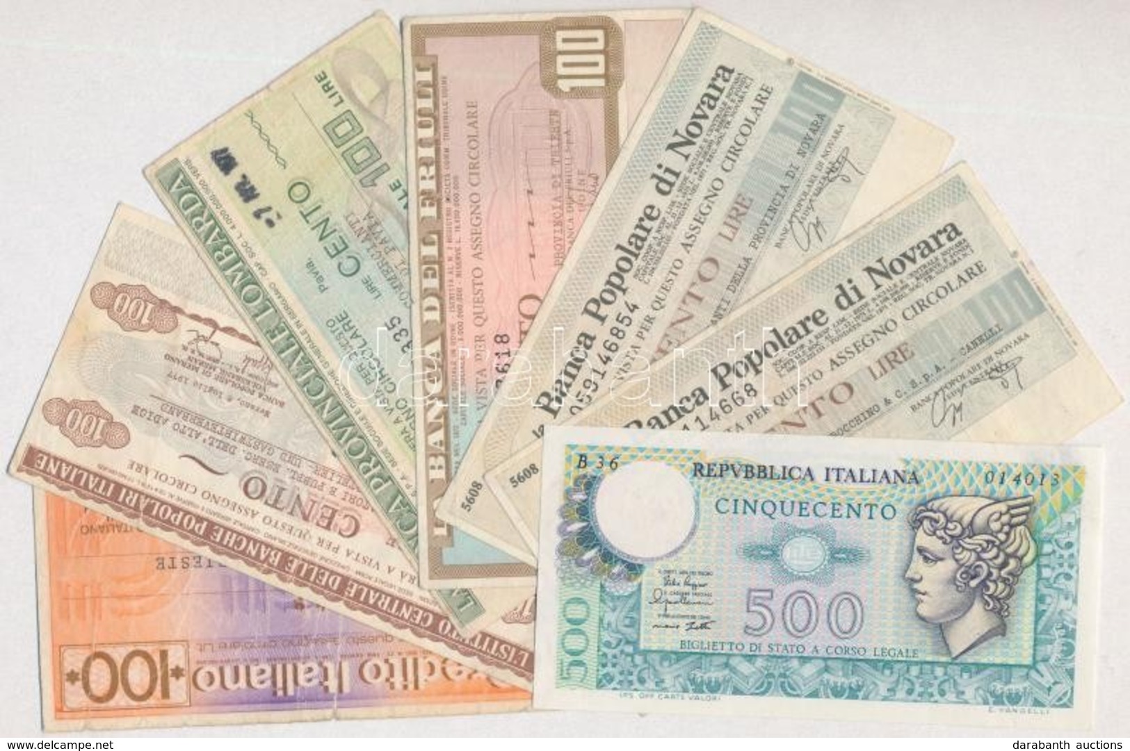 Olaszország 1974. 500L + 1976-1977. 6db Csekk,  100L értékben T:III,III- 
Italy 1974. 500 Lire + 1976-1977. 6pcs Of Cash - Ohne Zuordnung