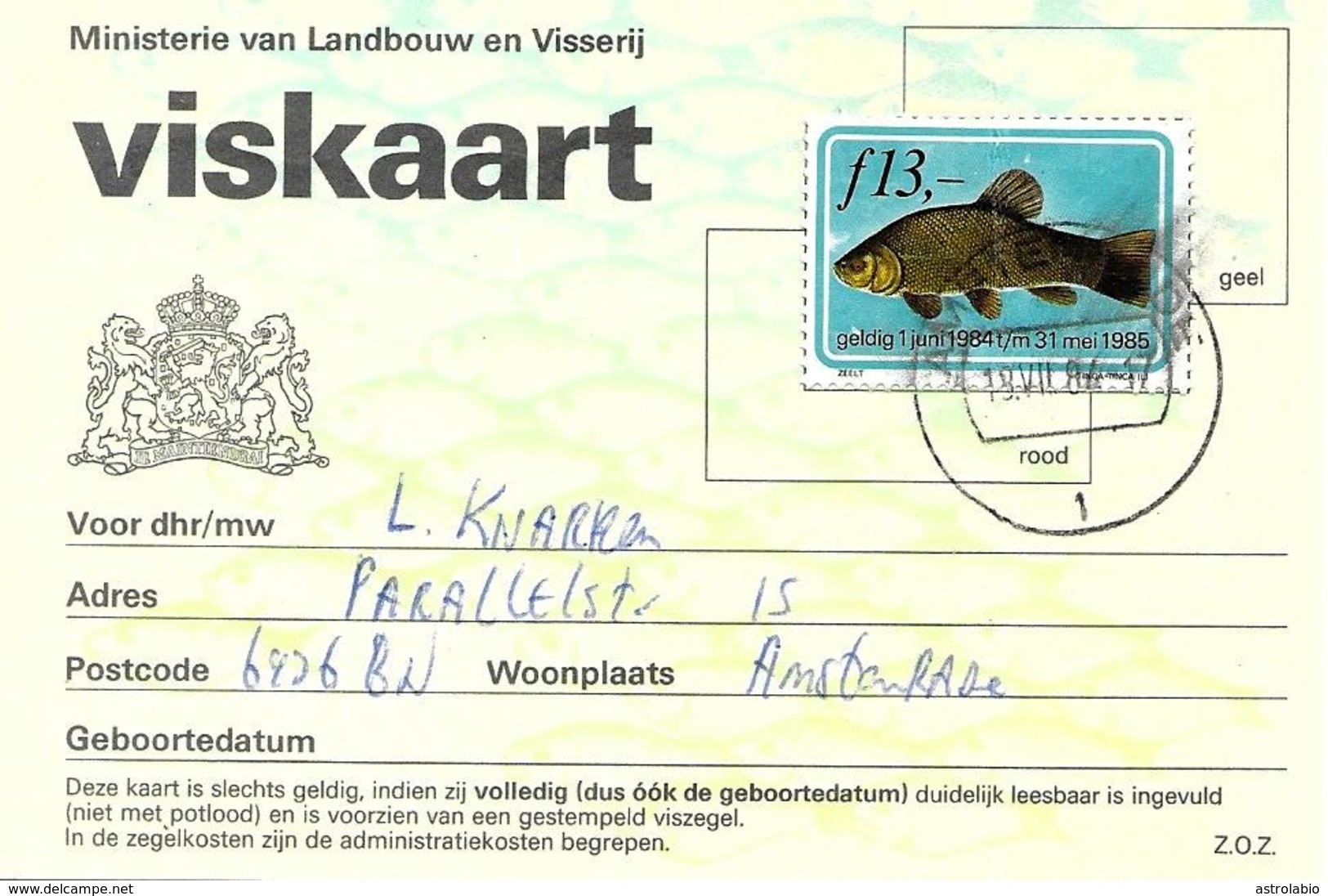 " Fishing License " 1986 Timbre Sur Carte Postal - Fiscales