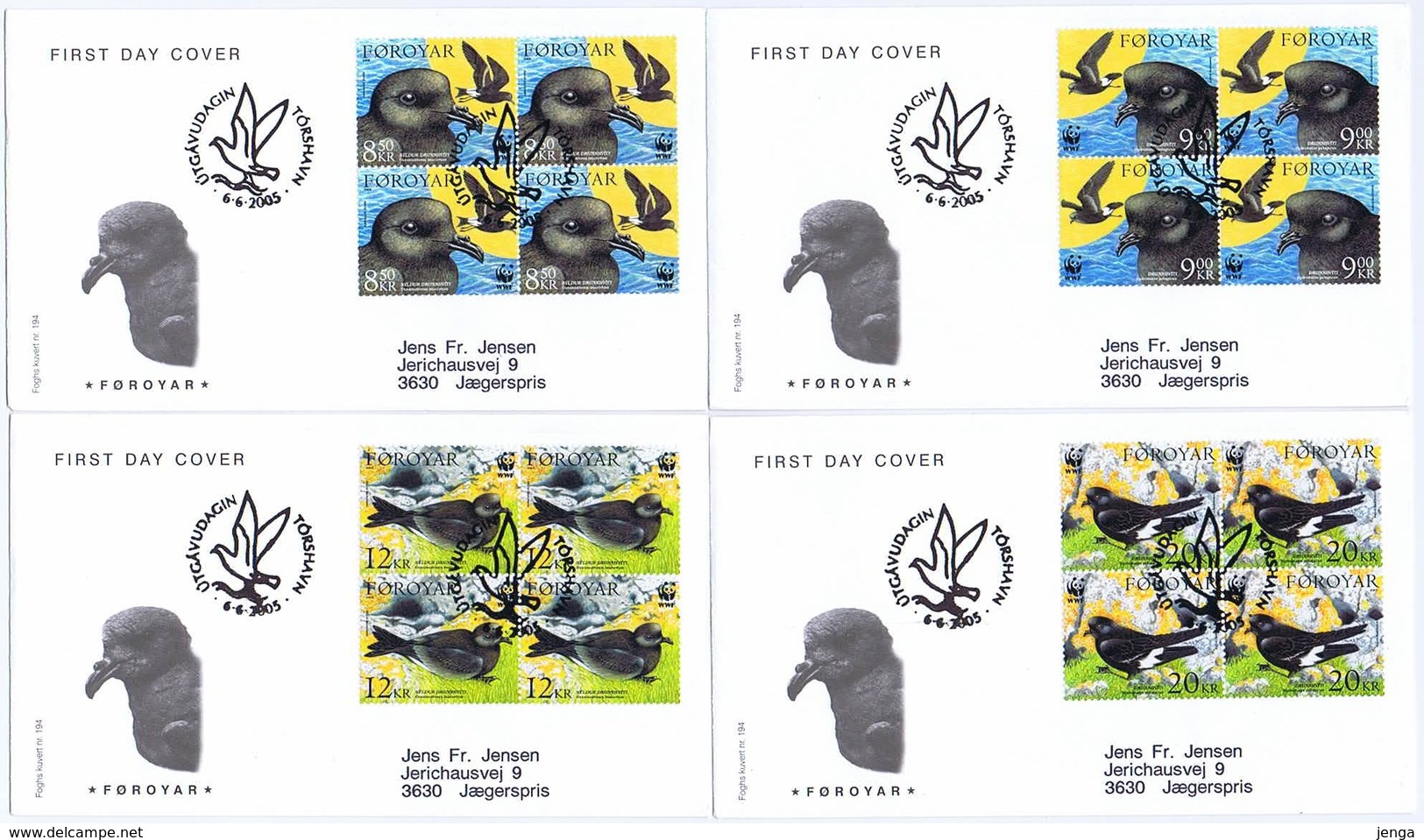 Faroe Islands 2005;  WWF Bird Issue; Set Of 4 In Block Of 4 On FDC (Foghs Cover) - Féroé (Iles)