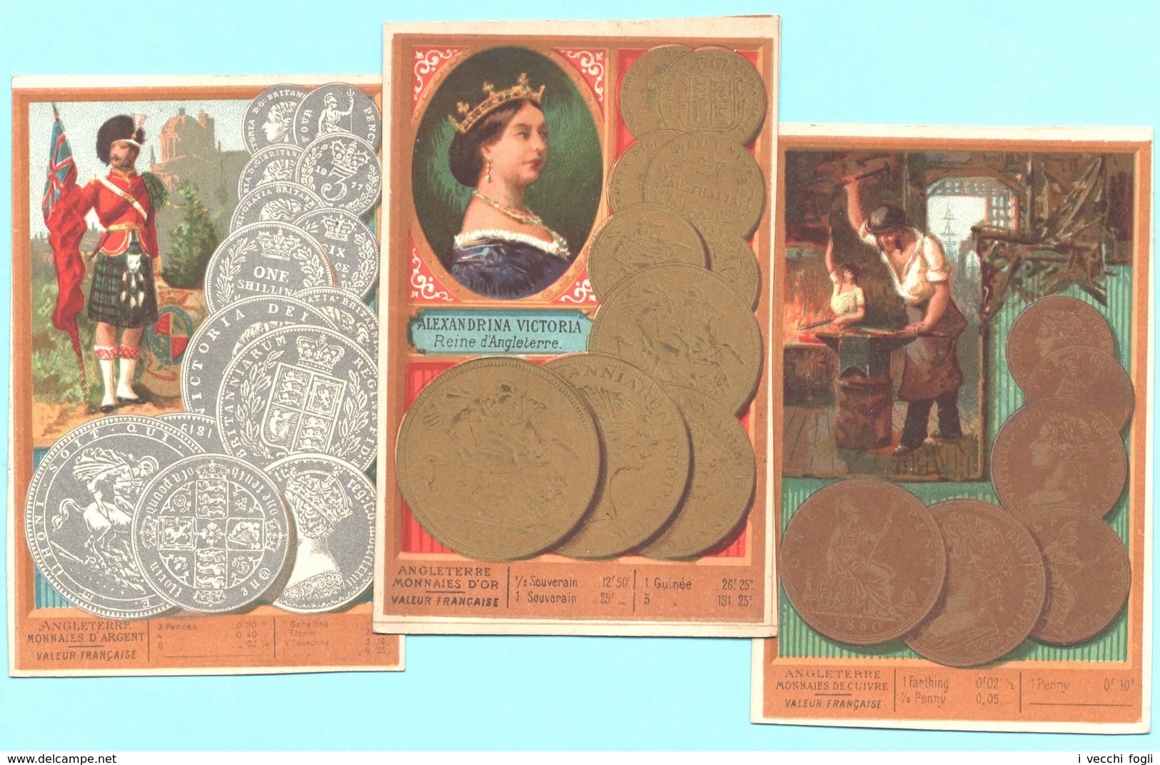 Lot De 3 Chromos Les Monnais D'Angleterre Or, Argent, Cuivre. La Reine Alexandra Victoria. Imp. Vieillemard. - Autres & Non Classés