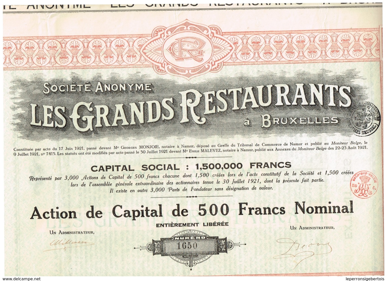 Titre Ancien - Société Anonyme Les Grands Restaurants à Bruxelles -Titre De 1921 - Tourisme