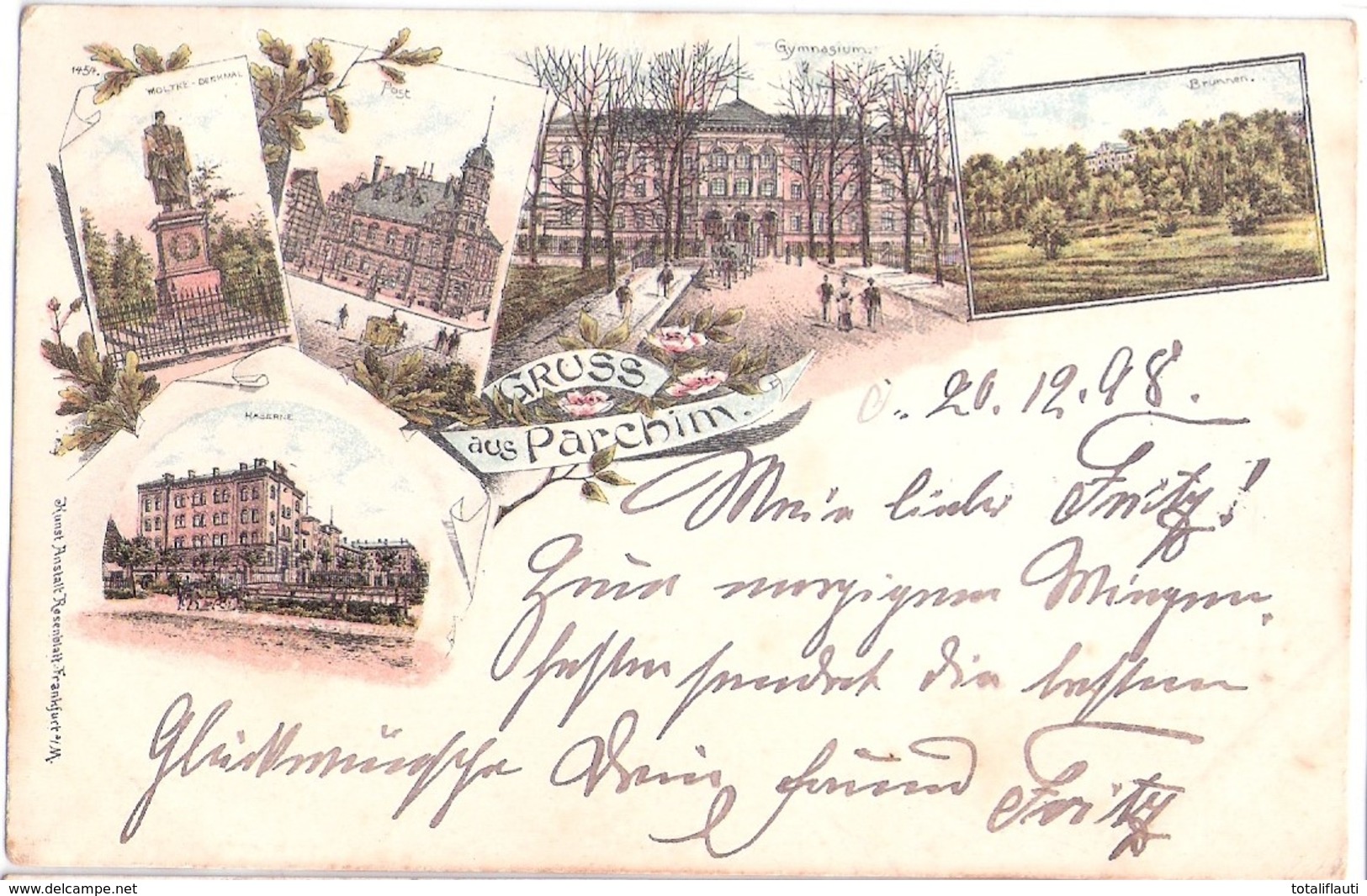 Gruss Aus PARCHIM Color Litho Gelaufen 20.12.1898 Kaserne Gymnasium Post Denkmal - Parchim