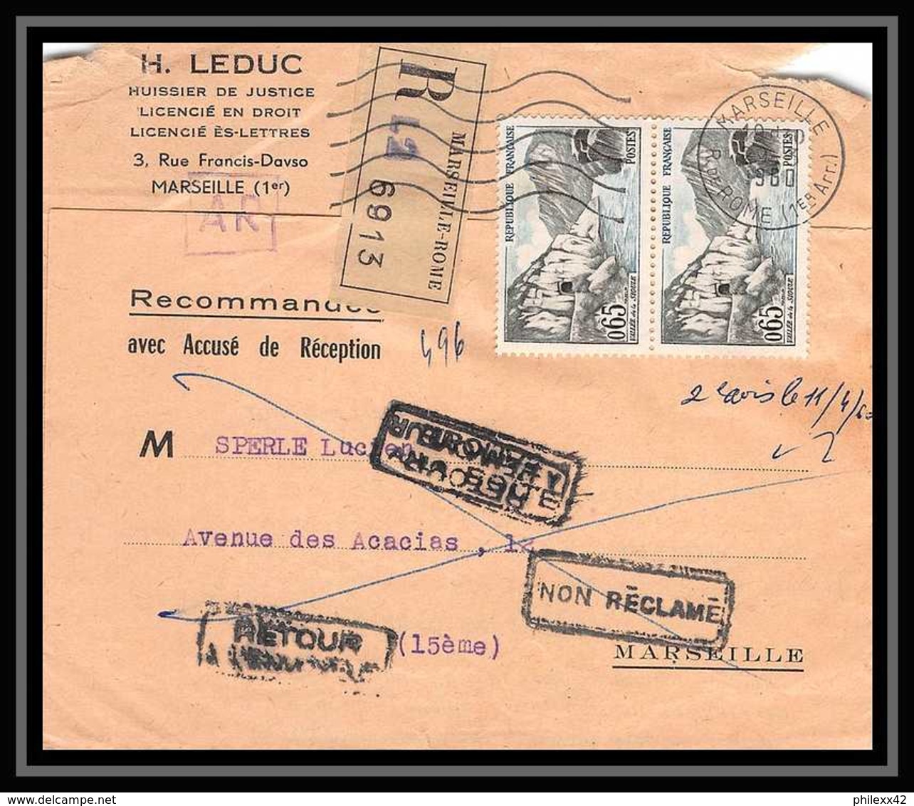 10623 Lettre Recommandé Cover Retour à L'envoyeur Bouches Du Rhone N°1239 La Sioule 1960 Marseille Rue De Rome - 1849-1876: Période Classique