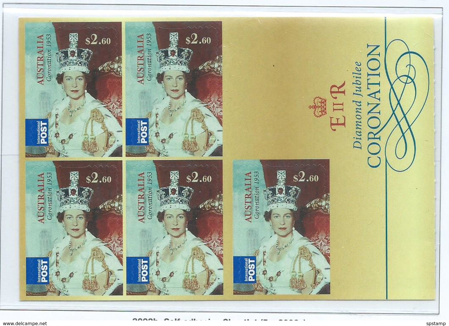 Australia 2013 QEII Coronation Diamond Jubilee $2.60 International Self Adhesive Sheet Of 5 MNH - Mint Stamps