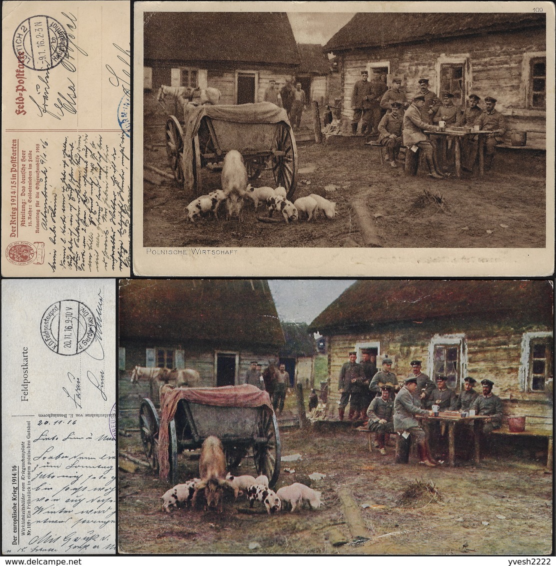 Allemagne 1916. Deux Cartes De Franchise Militaire. Les Allemands Dans Une Ferme Polonaise. Truie Et Porcelets - Agriculture