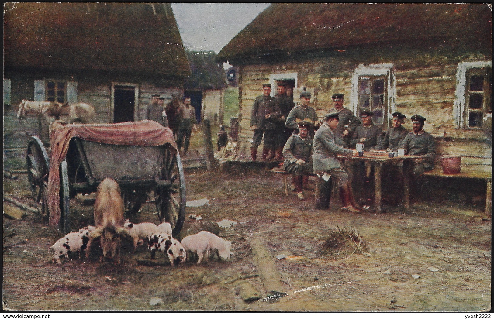 Allemagne 1916. Deux Cartes De Franchise Militaire. Les Allemands Dans Une Ferme Polonaise. Truie Et Porcelets - Agriculture