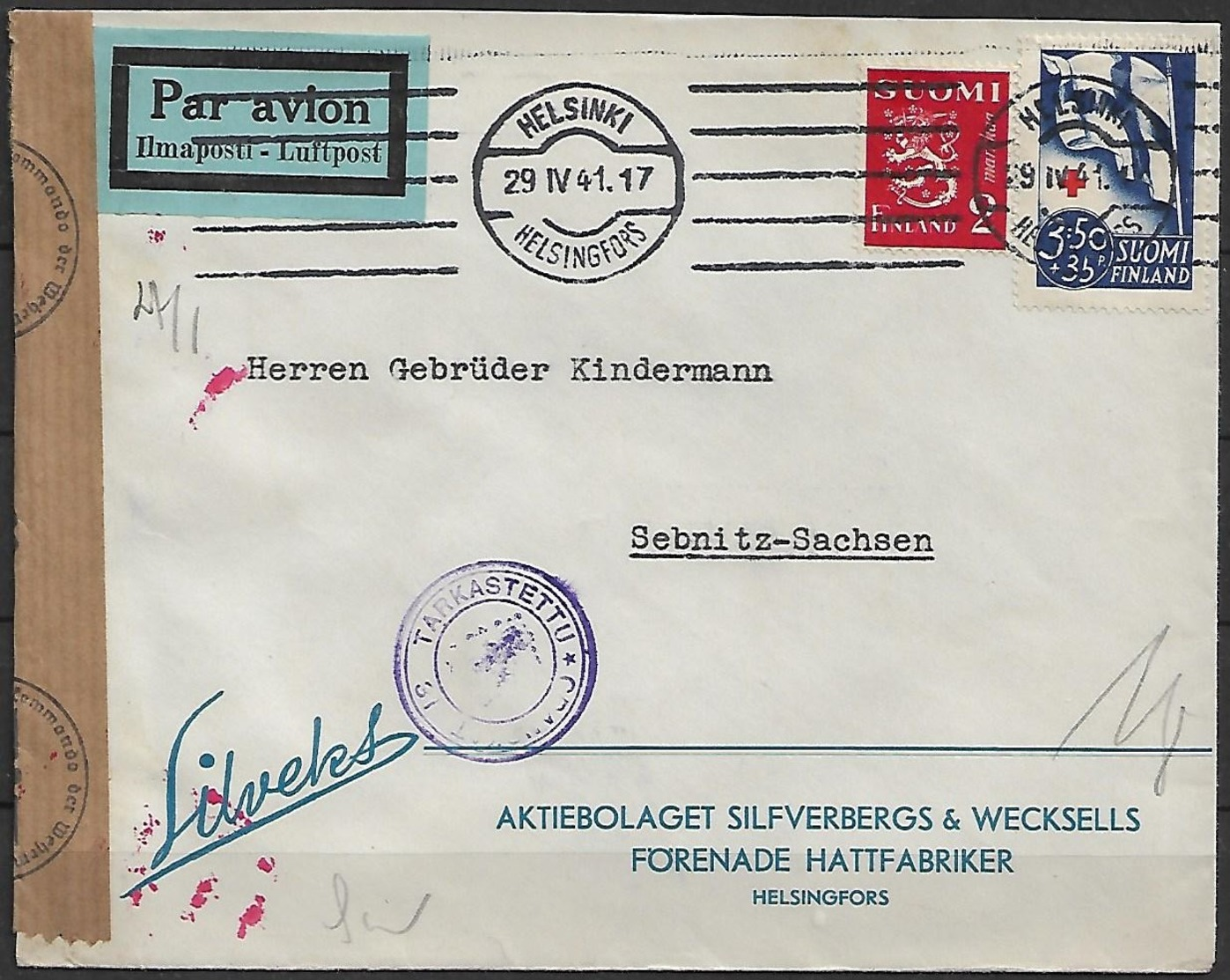 WII - Finnland - Zensur - Luftpost - Brief  29.04.1941 / Helsinki Nach Sebnitz ( Deutschland ) / Siehe Fotos - Cartas & Documentos