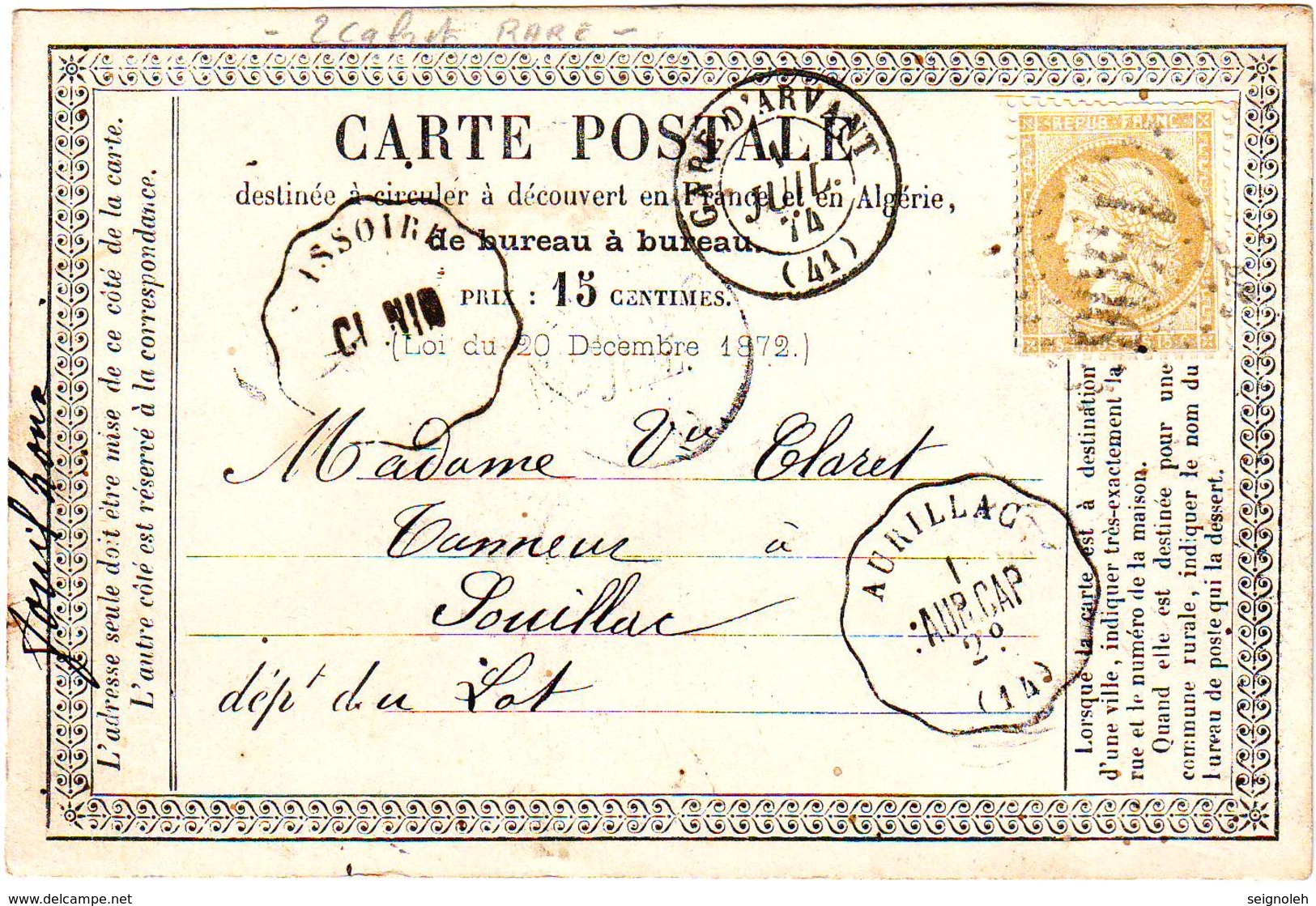 Type 15 GARE D' ARVANT Haute Loire Convoyeur Station ISSOIRE Puy De Dome Et AURILLAC Cantal Sur Carte TRES RARE !! - 1801-1848: Vorläufer XIX