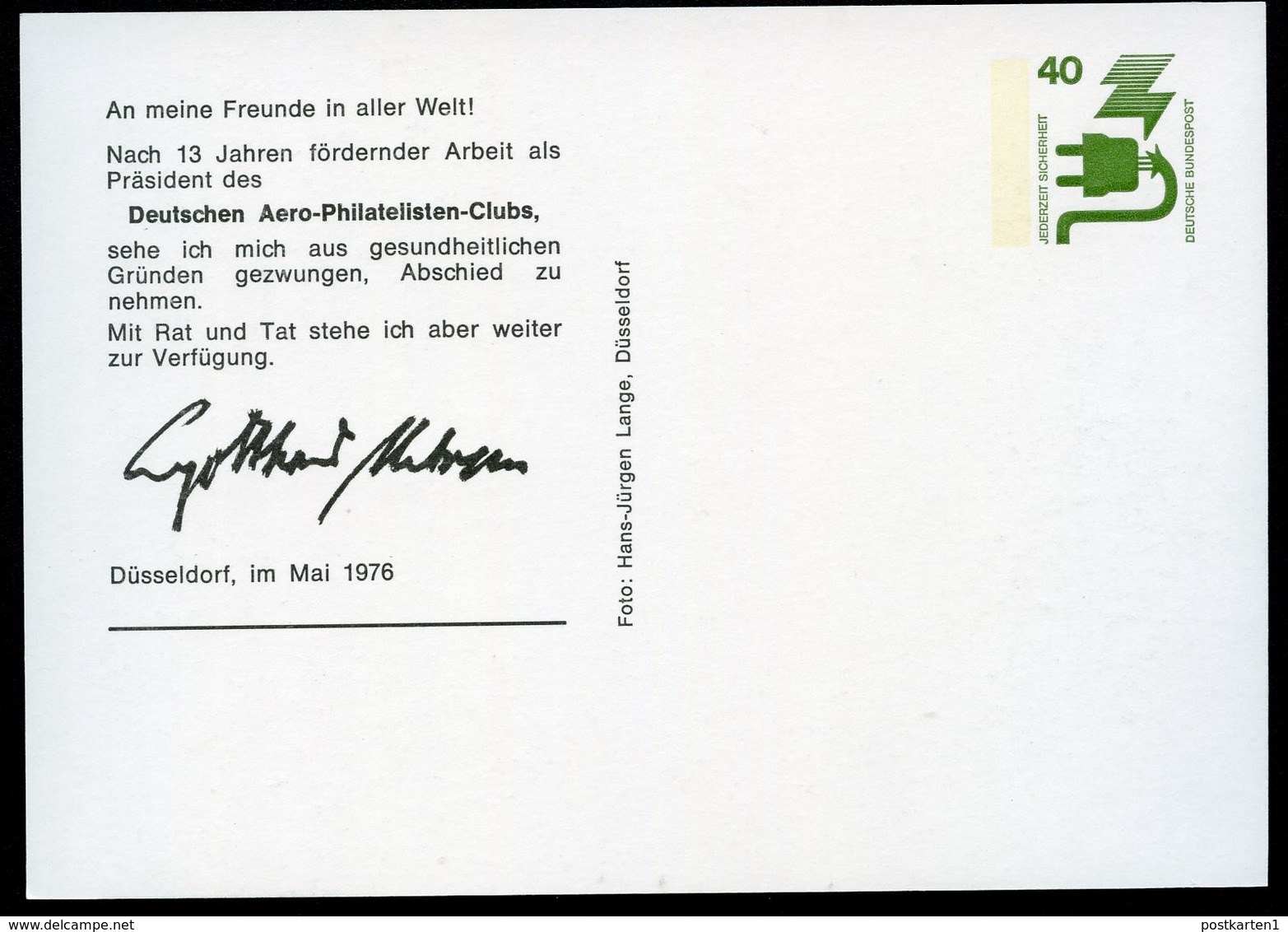 Bund PP69 C2/004 G.MEHREN AERO-PHILATELISTEN-CLUB DÜSSELDORF 1976  NGK 4,00 € - Private Postcards - Mint