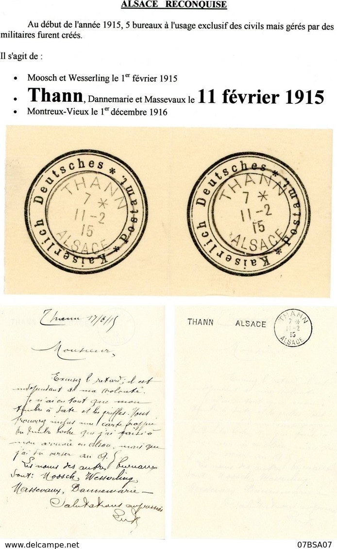 RRR ALSACE BUREAU DE POSTE DE THANN 11 FEVRIER 1915 (VOIR CACHET A DATE) . TEXTE : ''  Thann 17/6/15. Monsieur , Excusez - Storia Postale