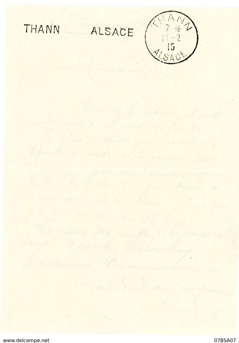 RRR ALSACE BUREAU DE POSTE DE THANN 11 FEVRIER 1915 (VOIR CACHET A DATE) . TEXTE : ''  Thann 17/6/15. Monsieur , Excusez - Storia Postale